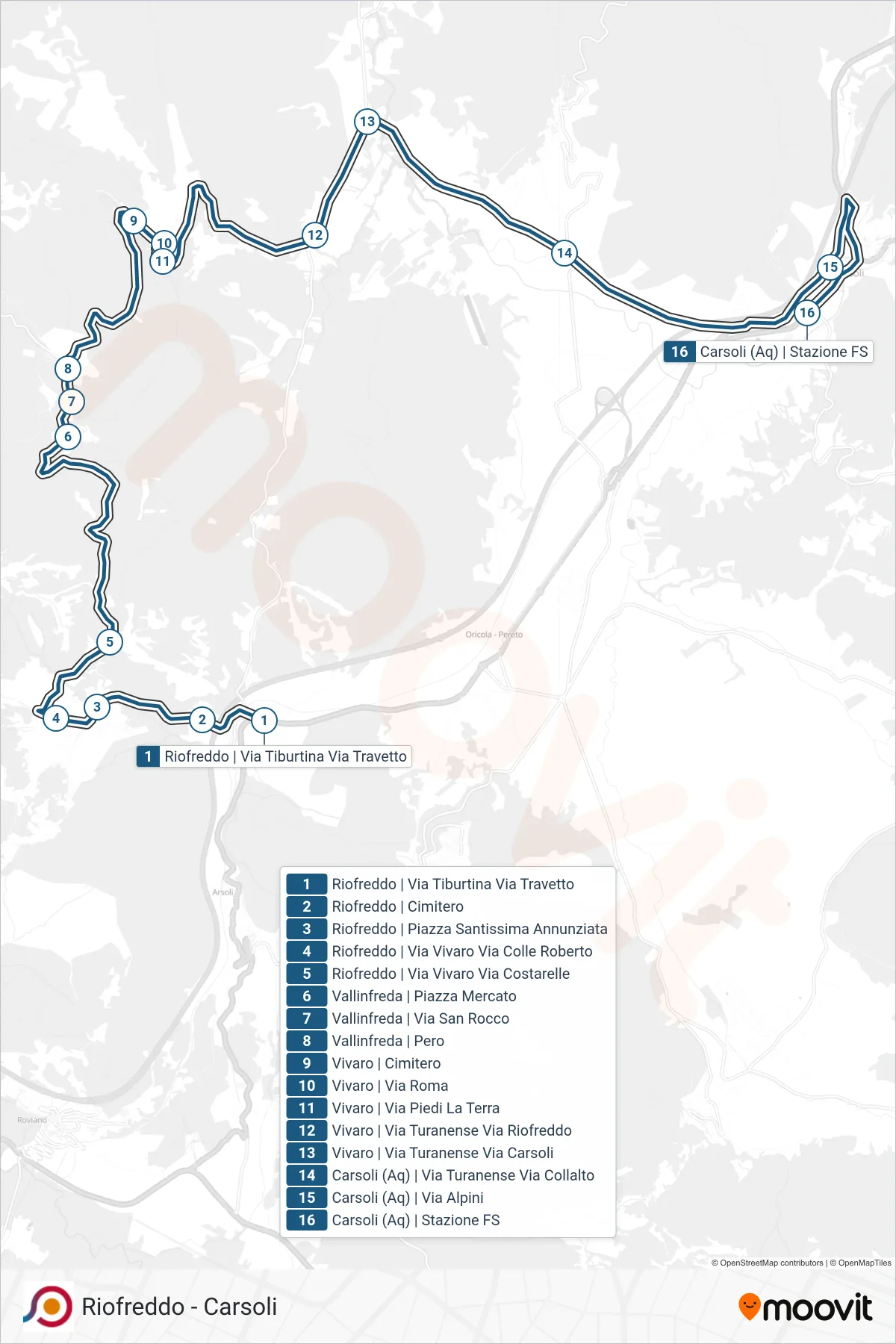 Linea COTRAL bus (Riofreddo | Via Tiburtina Via Travetto→Carsoli (Aq) | Stazione FS) - Percorsi e fermate sulla mappa