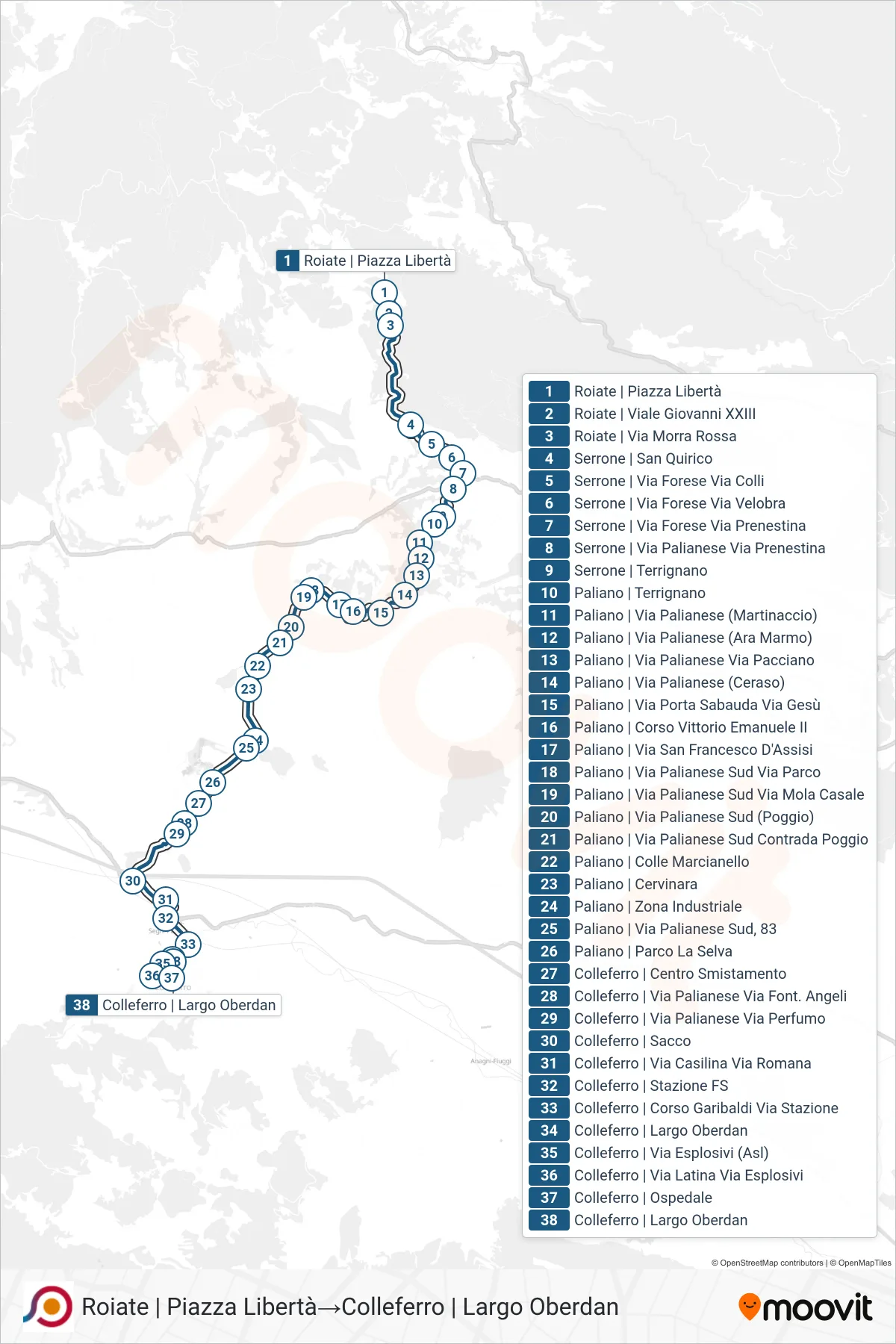 Linea COTRAL  bus (Roiate | Piazza Libertà‎→Colleferro | Largo Oberdan) - Percorsi e fermate sulla mappa