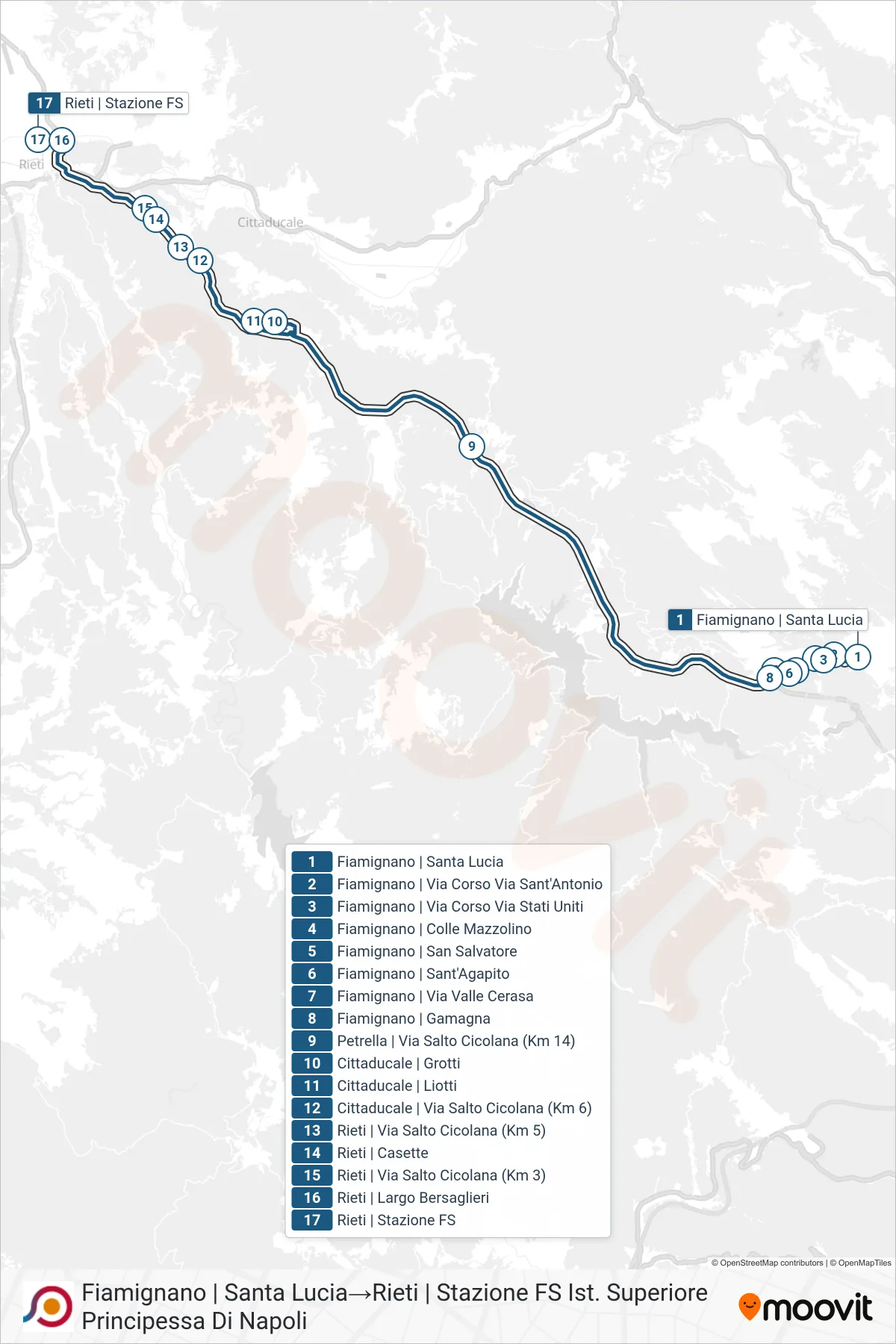 Linea COTRAL bus (Fiamignano | Santa Lucia→Rieti | Stazione FS Ist. Superiore Principessa Di Napoli) - Percorsi e fermate sulla mappa