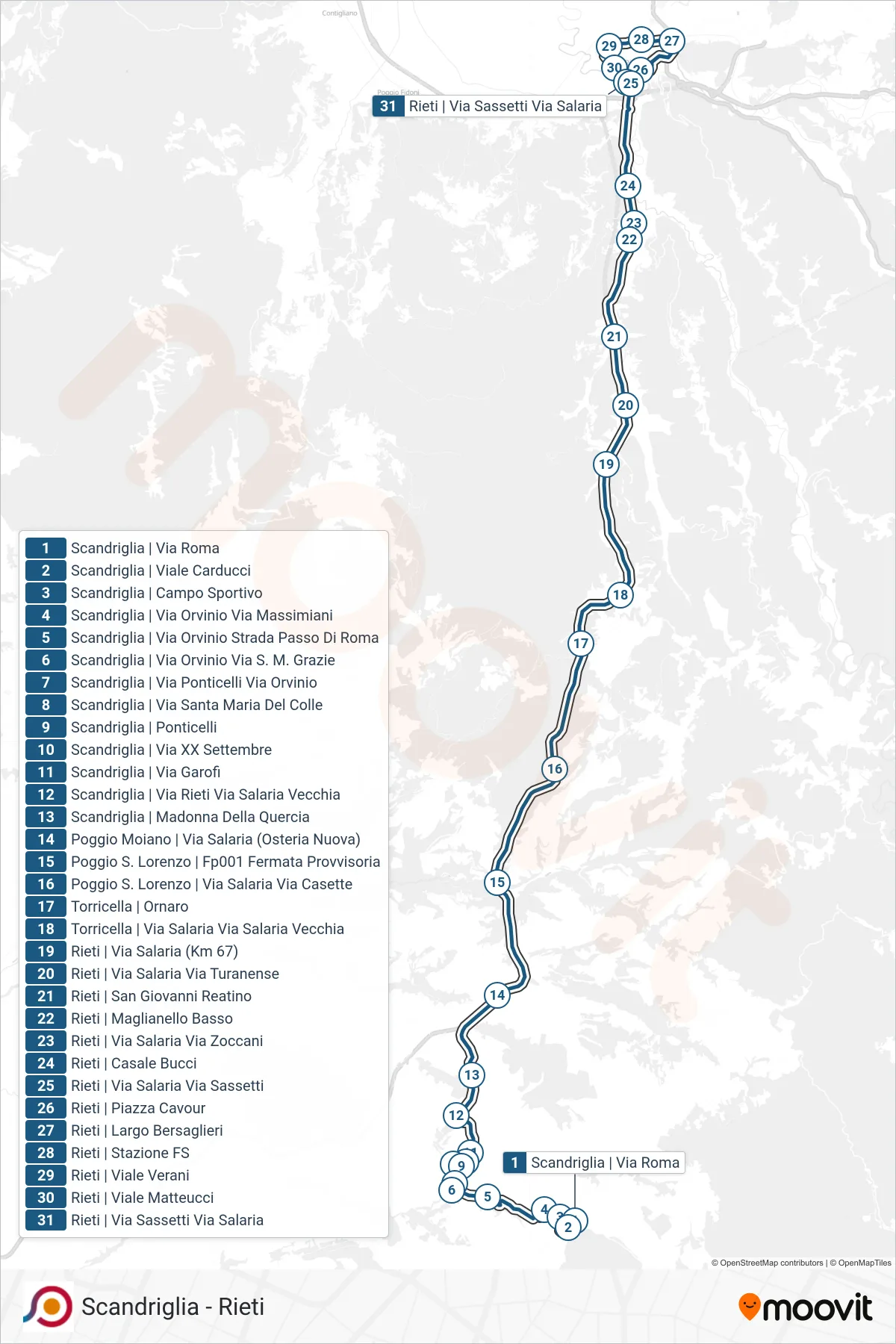 Linea COTRAL bus (Scandriglia | Via Roma→Rieti | Via Sassetti Via Salaria) - Percorsi e fermate sulla mappa