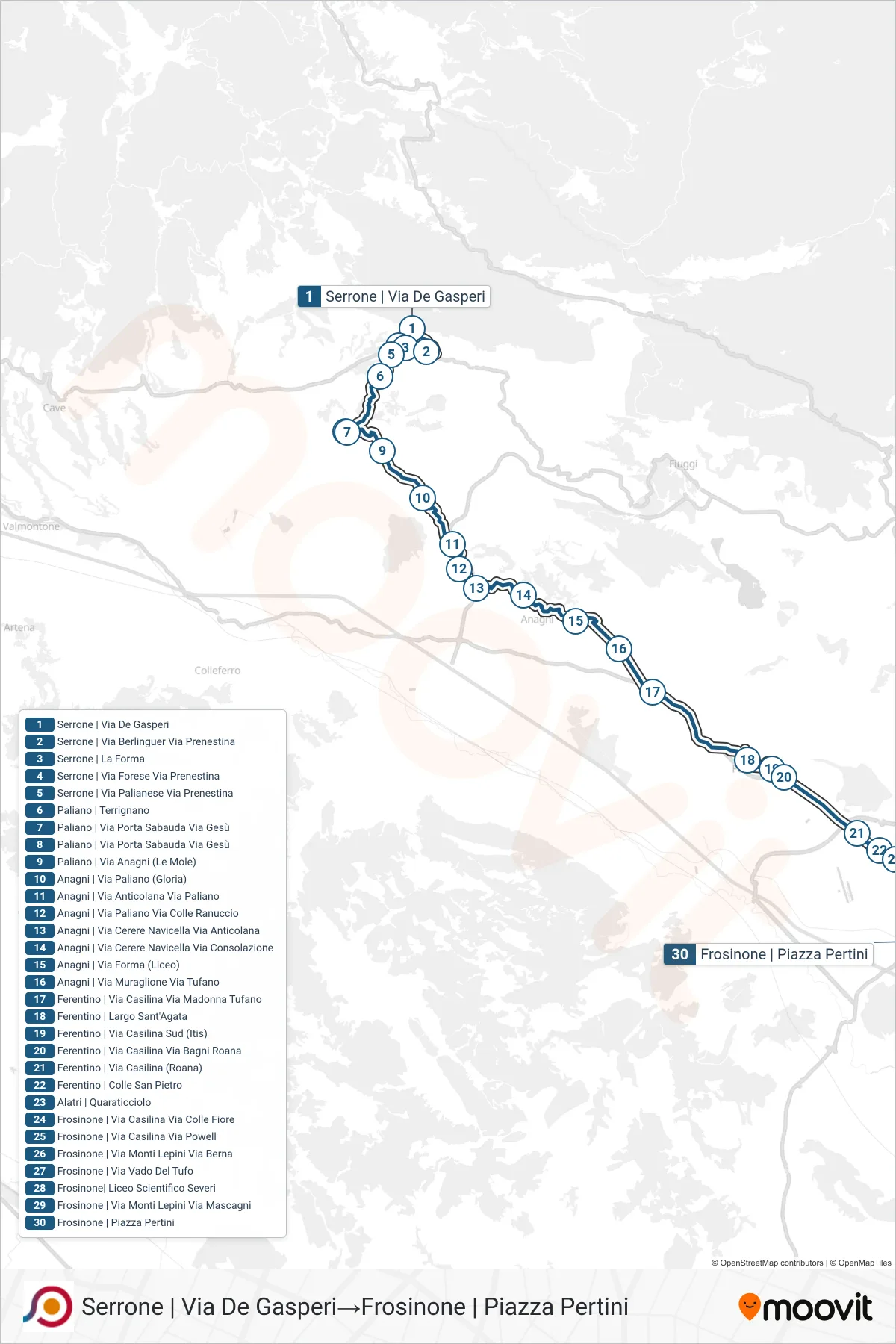 Linea COTRAL bus (Serrone | Via De Gasperi→Frosinone | Piazza Pertini) - Percorsi e fermate sulla mappa