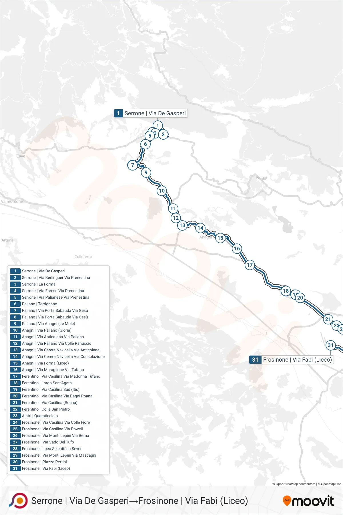 Linea COTRAL bus (Serrone | Via De Gasperi→Frosinone | Via Fabi (Liceo)) - Percorsi e fermate sulla mappa