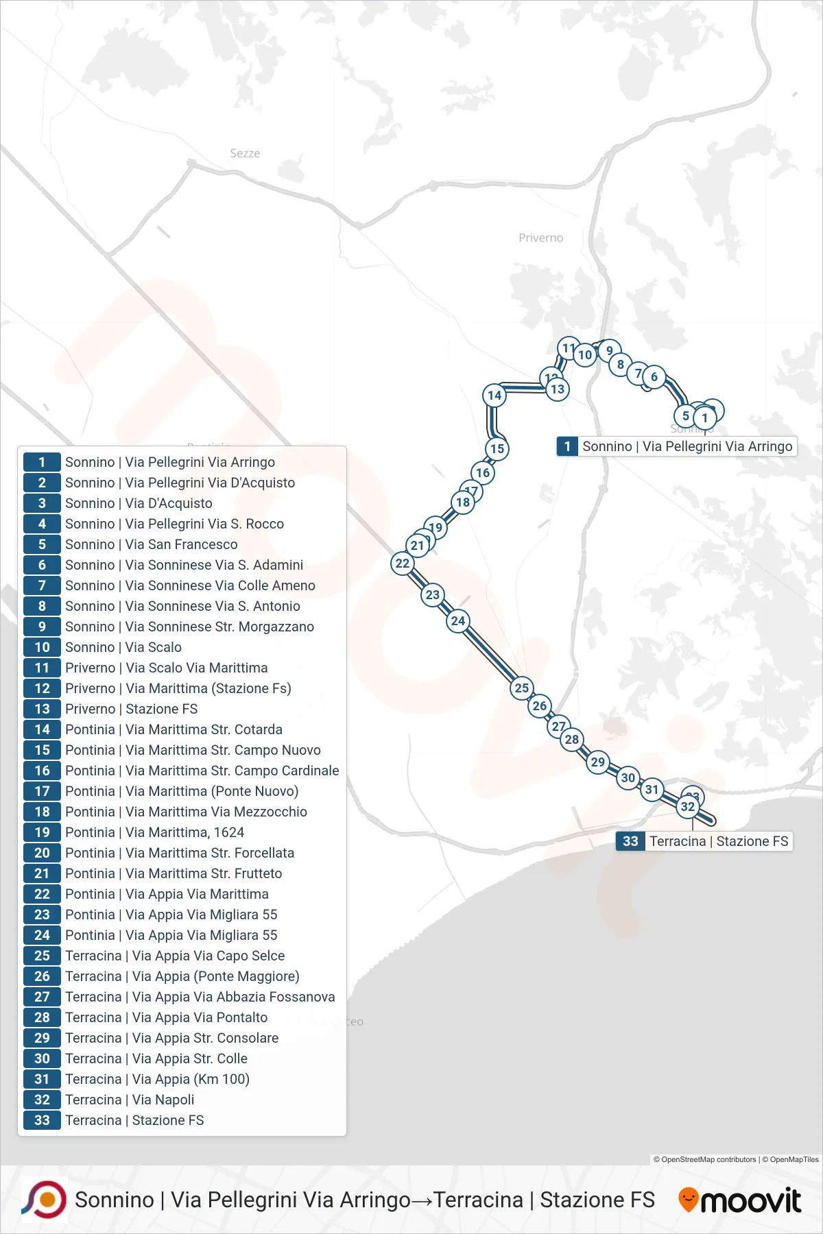 Linea COTRAL bus (Sonnino | Via Pellegrini Via Arringo→Terracina | Stazione FS) - Percorsi e fermate sulla mappa