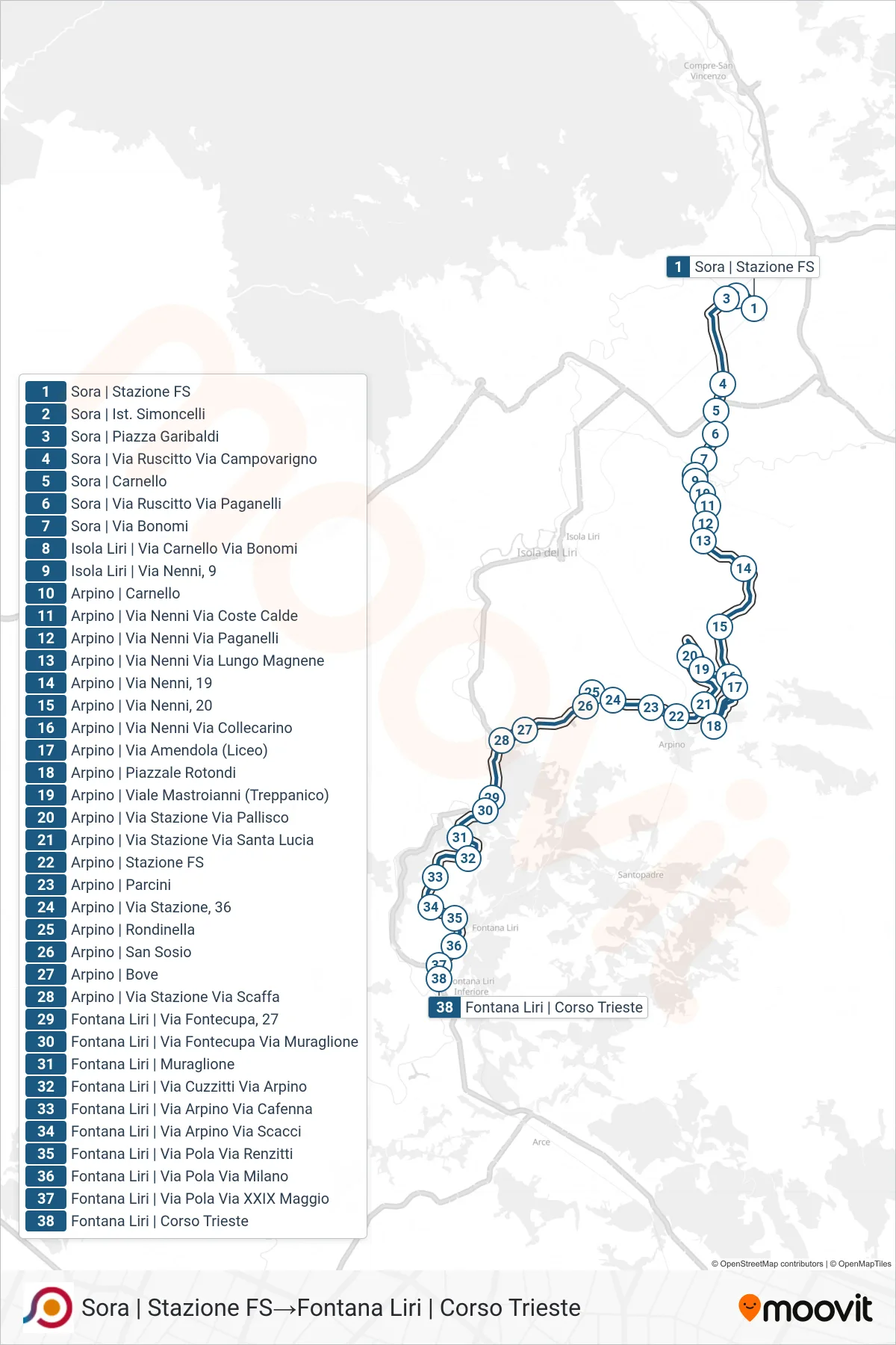 Linea COTRAL bus (Sora | Stazione FS→Fontana Liri | Corso Trieste) - Percorsi e fermate sulla mappa