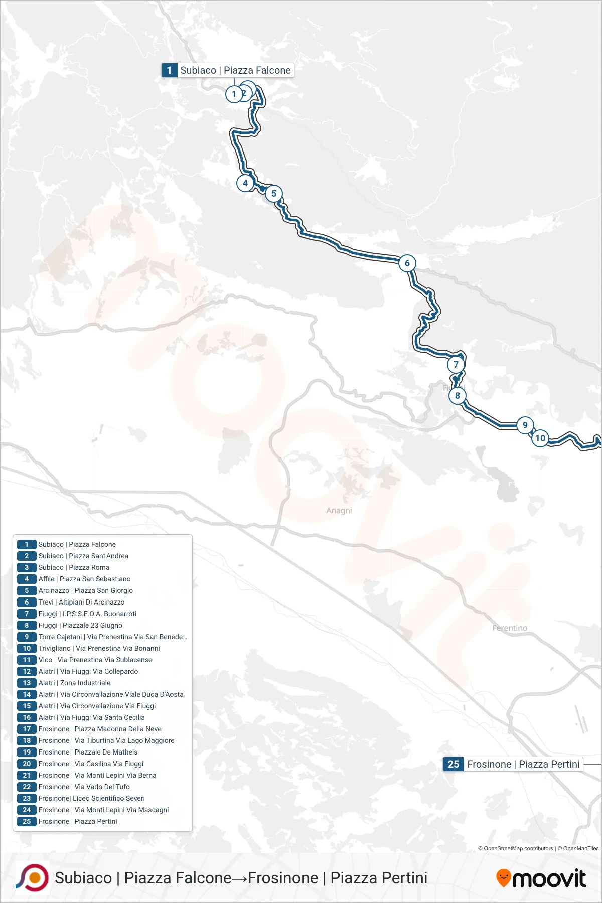 Linea COTRAL bus (Subiaco | Piazza Falcone→Frosinone | Piazza Pertini) - Percorsi e fermate sulla mappa