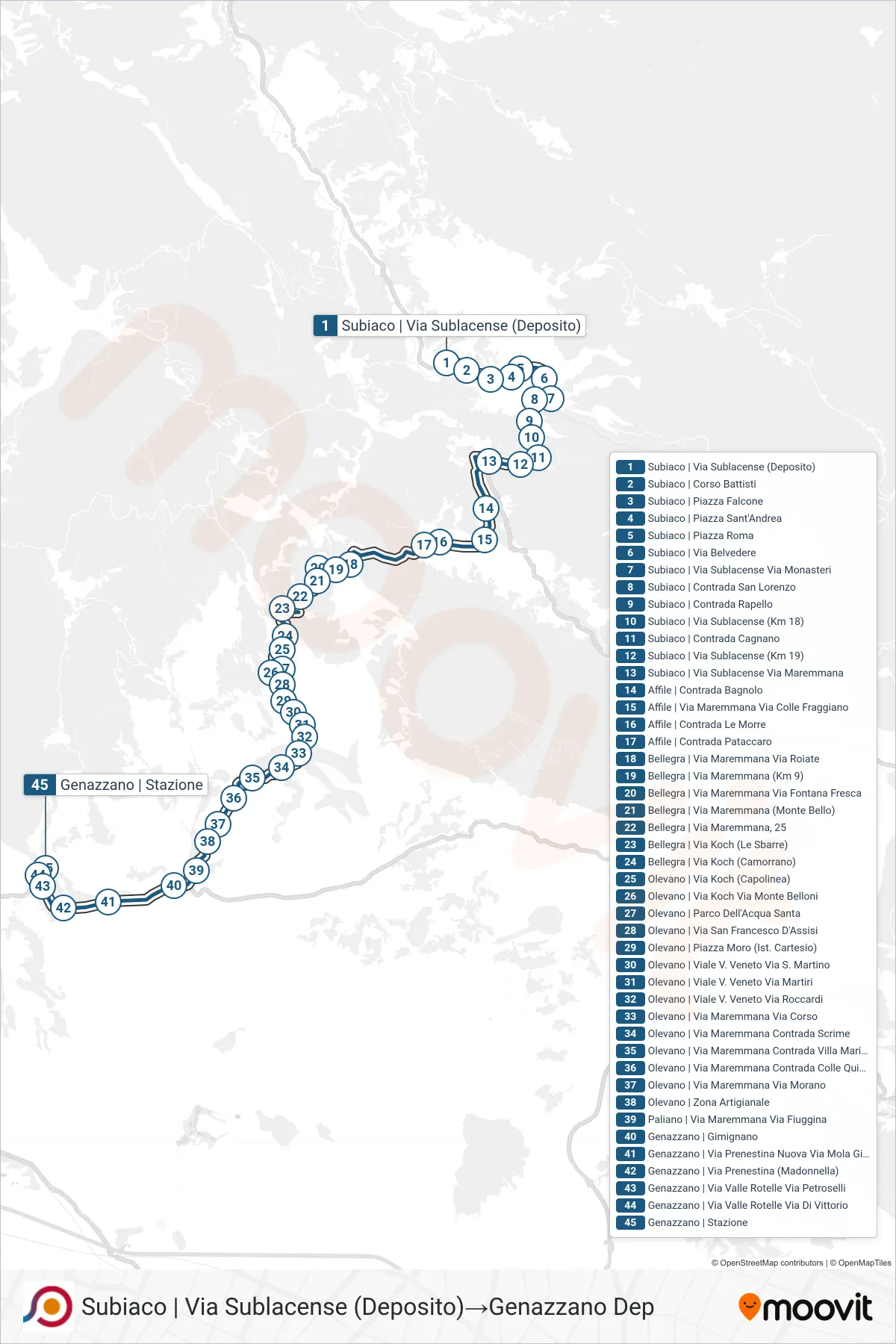 Linea COTRAL bus (Subiaco | Via Sublacense (Deposito)→Genazzano Dep) - Percorsi e fermate sulla mappa
