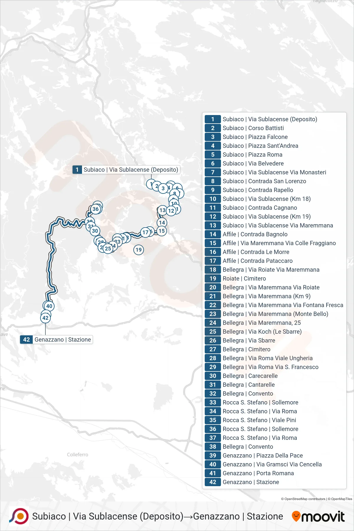 Linea COTRAL  bus (Subiaco | Via Sublacense (Deposito)‎→Genazzano | Stazione) - Percorsi e fermate sulla mappa