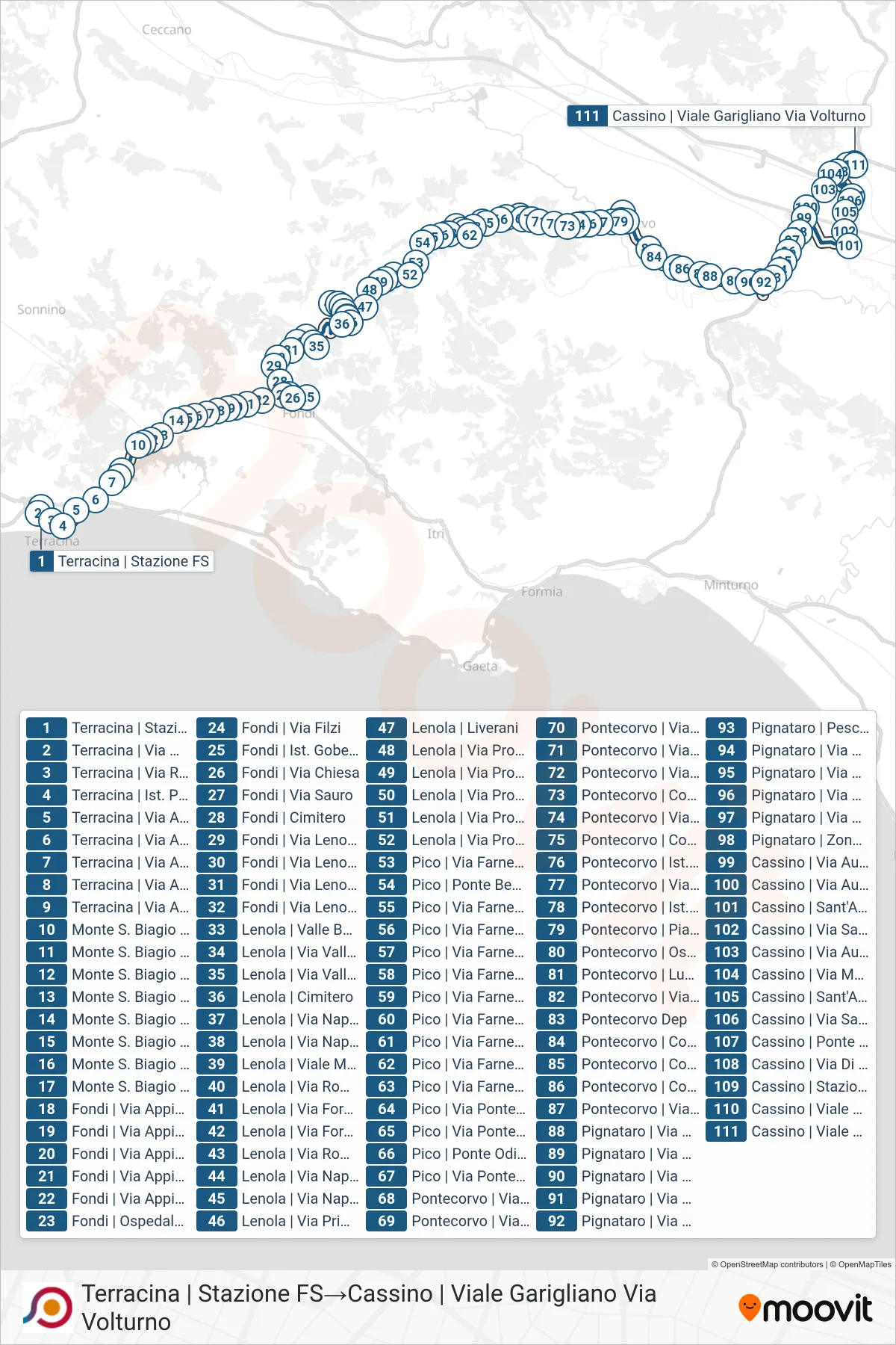 Linea COTRAL bus (Terracina | Stazione FS→Cassino | Viale Garigliano Via Volturno) - Percorsi e fermate sulla mappa