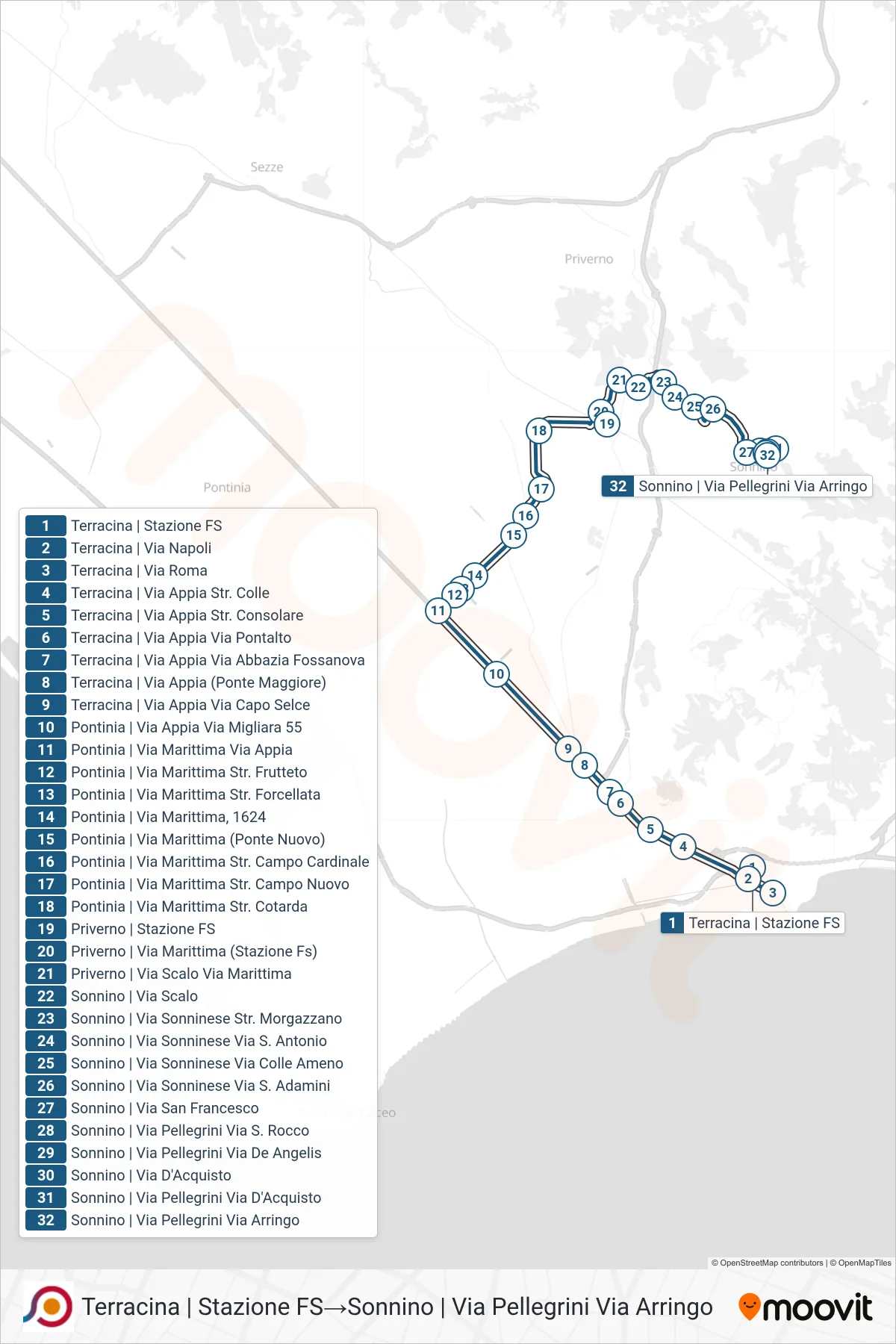 Linea COTRAL bus (Terracina | Stazione FS→Sonnino | Via Pellegrini Via Arringo) - Percorsi e fermate sulla mappa
