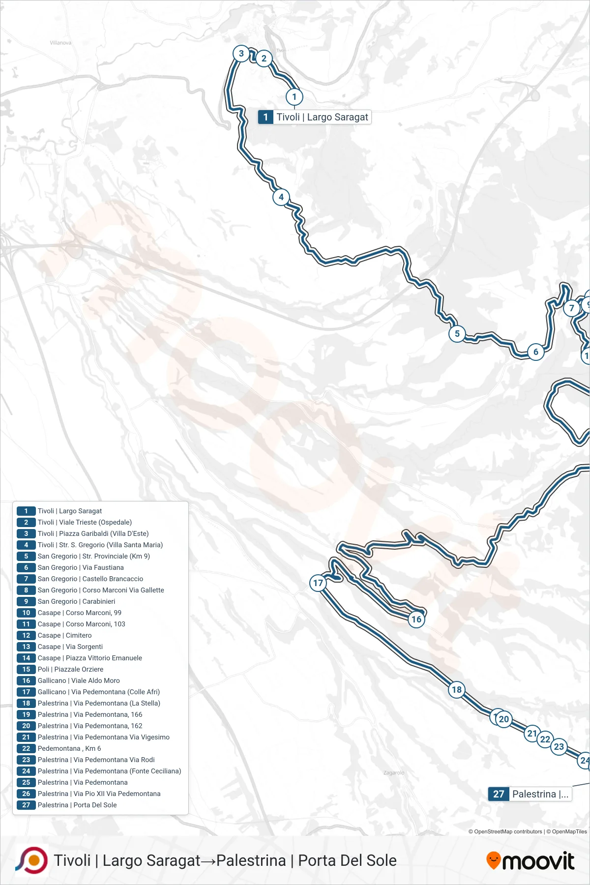 Linea COTRAL bus (Tivoli | Largo Saragat→Palestrina | Porta Del Sole) - Percorsi e fermate sulla mappa