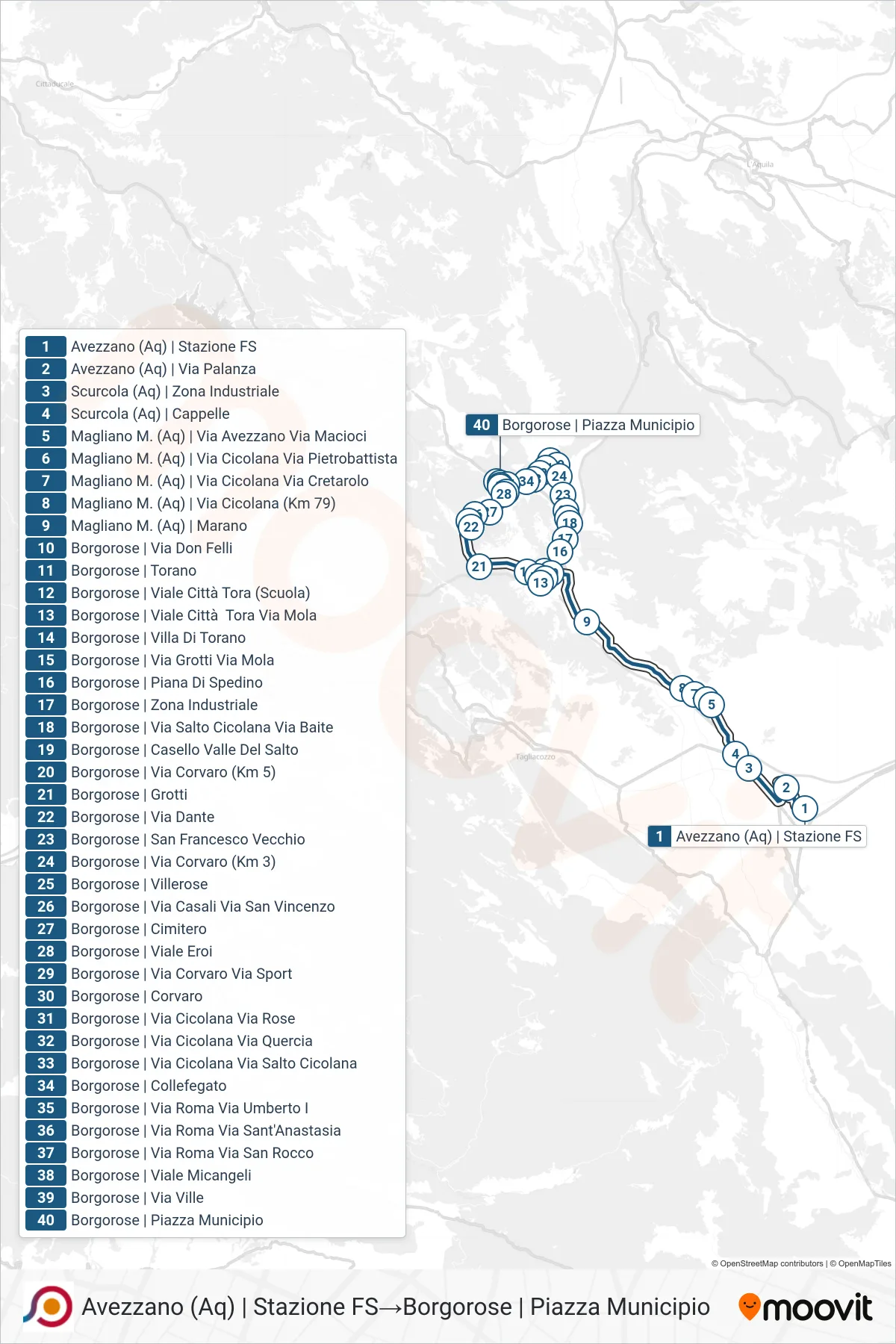 Linea COTRAL bus (Avezzano (Aq) | Stazione FS→Borgorose | Piazza Municipio) - Percorsi e fermate sulla mappa