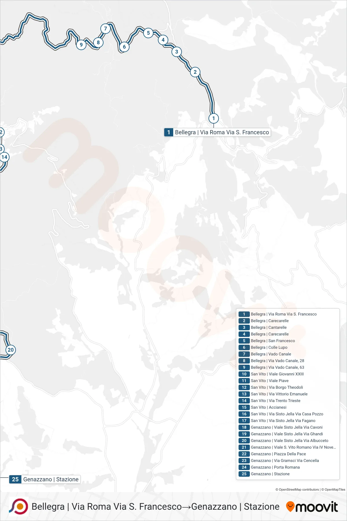 Linea COTRAL bus (Bellegra | Via Roma Via S. Francesco→Genazzano | Stazione) - Percorsi e fermate sulla mappa