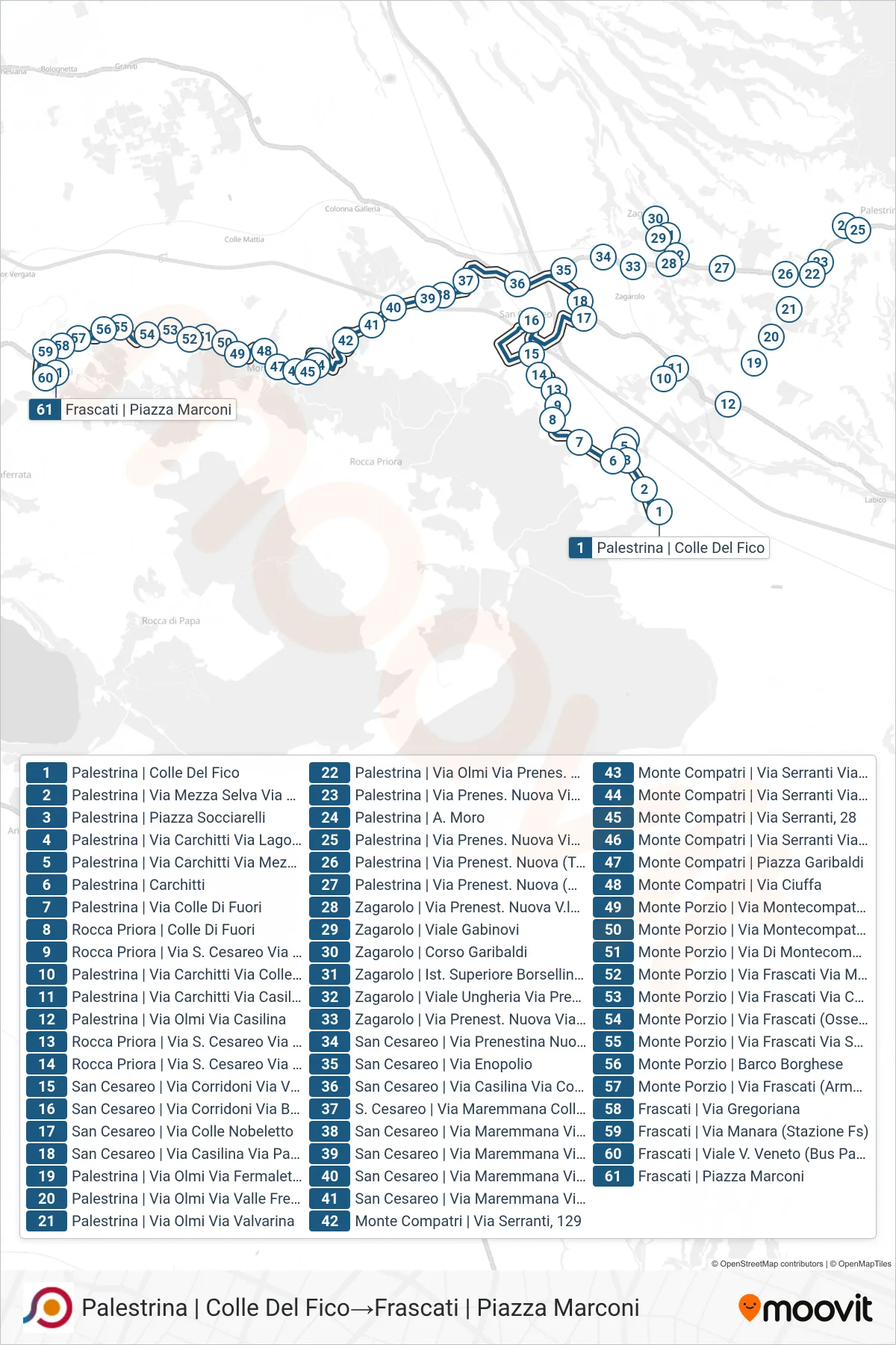 Linea COTRAL bus (Palestrina | Colle Del Fico→Frascati | Piazza Marconi) - Percorsi e fermate sulla mappa
