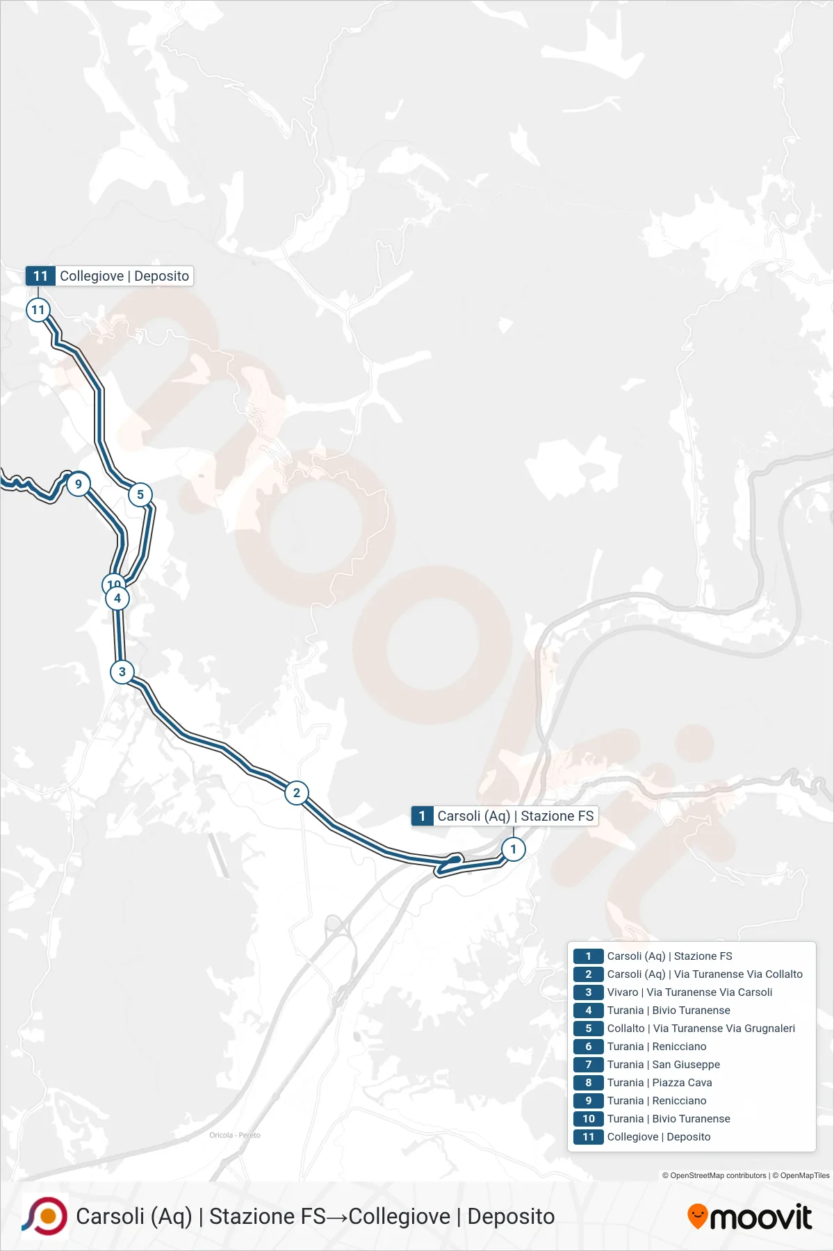 Linea COTRAL bus (Carsoli (Aq) | Stazione FS→Collegiove | Deposito) - Percorsi e fermate sulla mappa