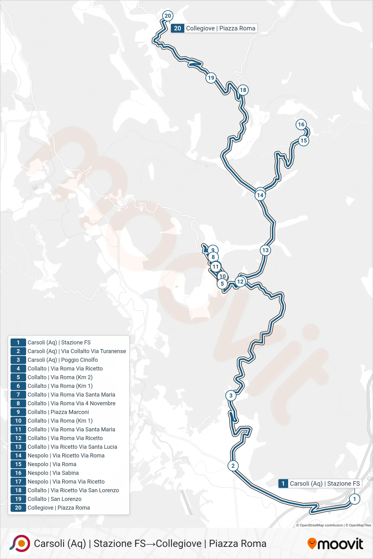 Linea COTRAL  bus (Carsoli (Aq) | Stazione FS‎→Collegiove | Piazza Roma) - Percorsi e fermate sulla mappa