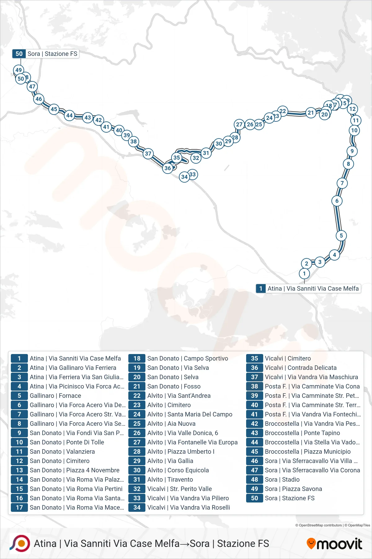 Linea COTRAL  bus (Atina | Via Sanniti Via Case Melfa‎→Sora | Stazione FS) - Percorsi e fermate sulla mappa