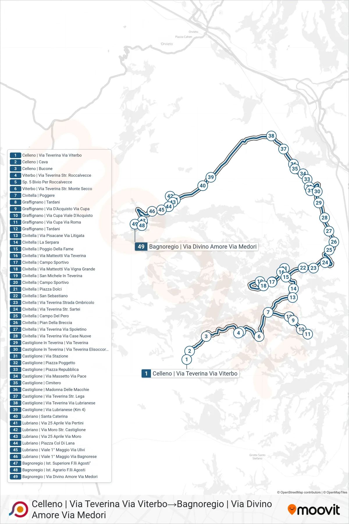 Linea COTRAL bus (Celleno | Via Teverina Via Viterbo→Bagnoregio | Via Divino Amore Via Medori) - Percorsi e fermate sulla mappa