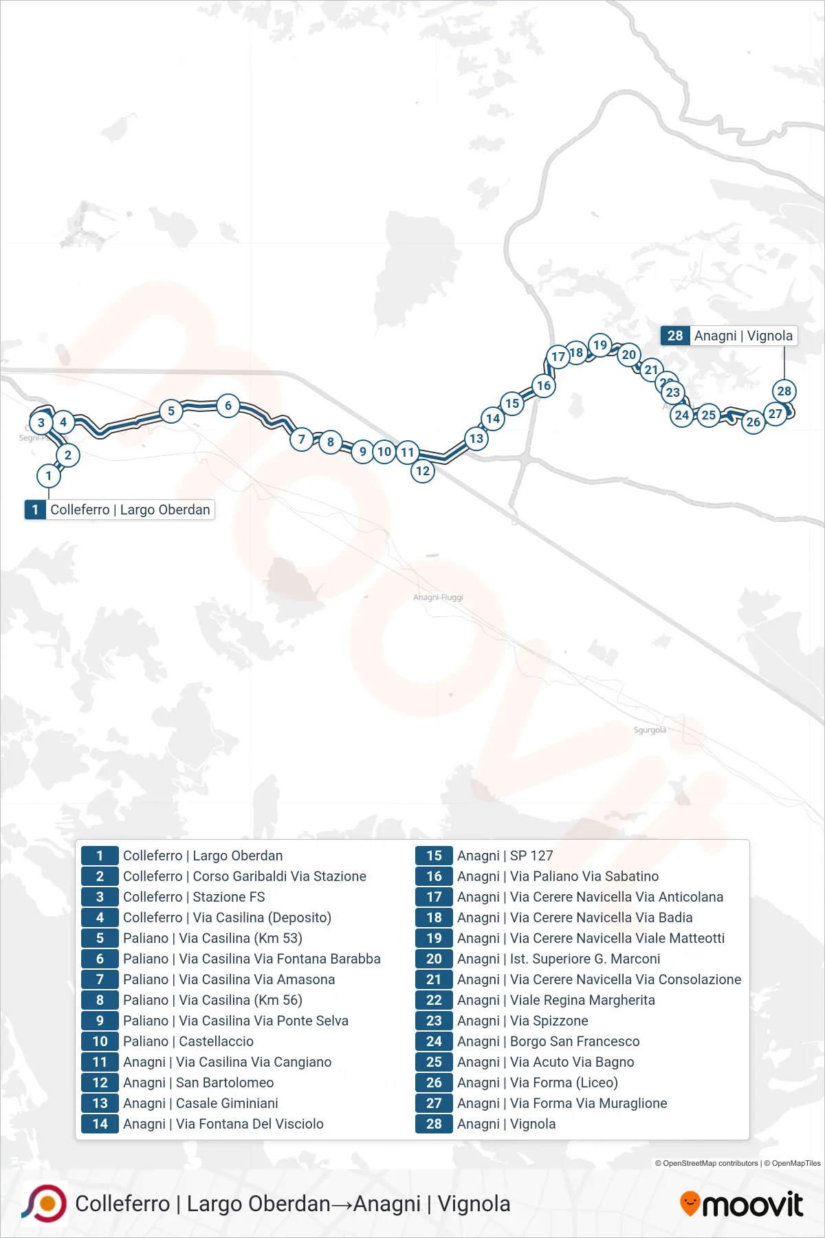 Linea COTRAL bus (Colleferro | Largo Oberdan→Anagni | Vignola) - Percorsi e fermate sulla mappa