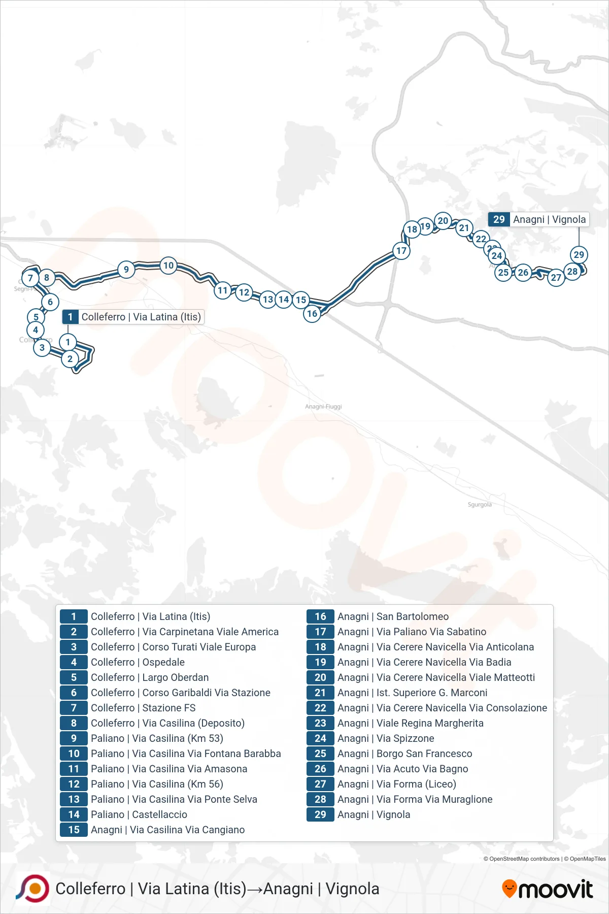 Linea COTRAL  bus (Colleferro | Via Latina (Itis)‎→Anagni | Vignola) - Percorsi e fermate sulla mappa
