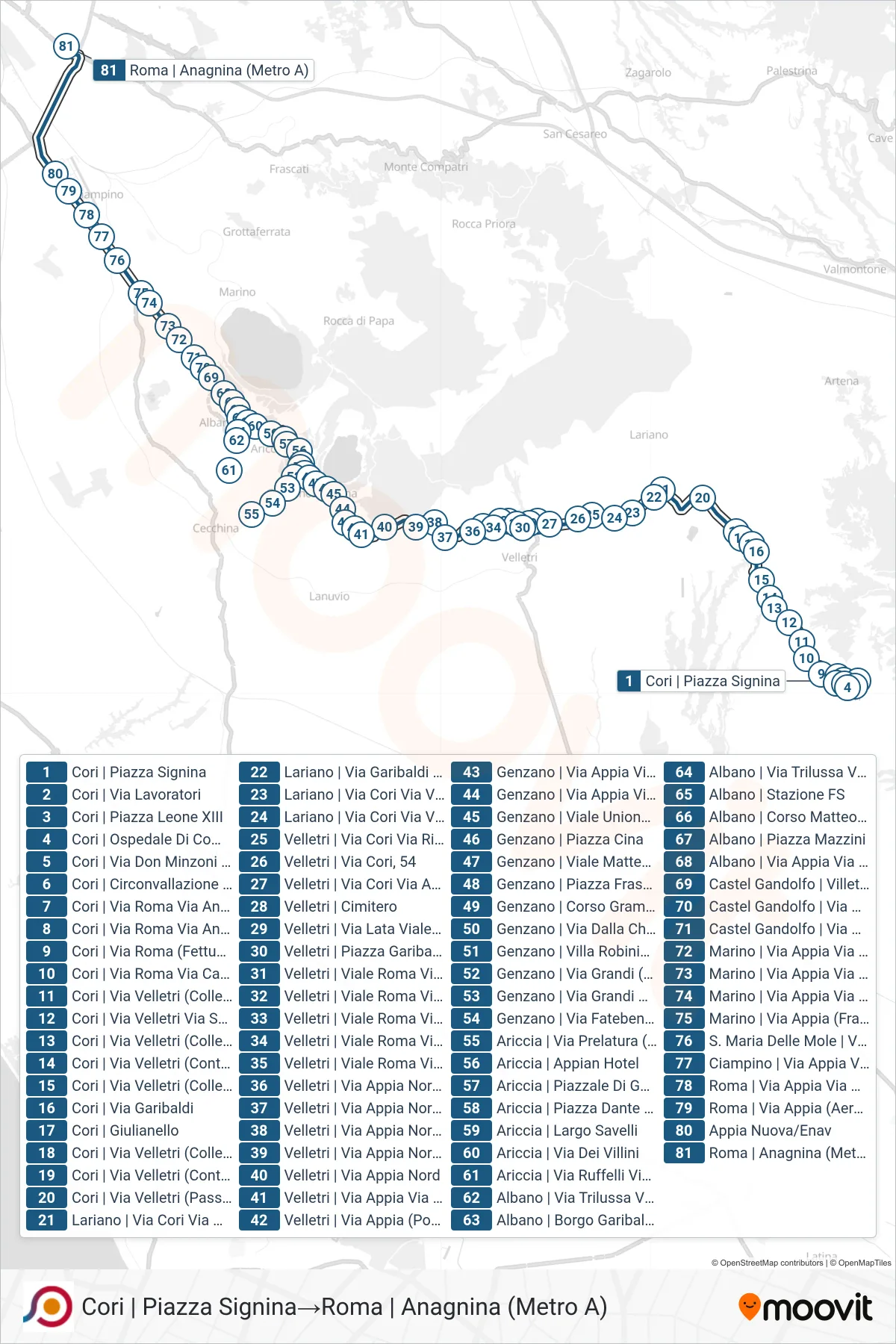 Linea COTRAL bus (Cori | Piazza Signina→Roma | Anagnina (Metro A)) - Percorsi e fermate sulla mappa