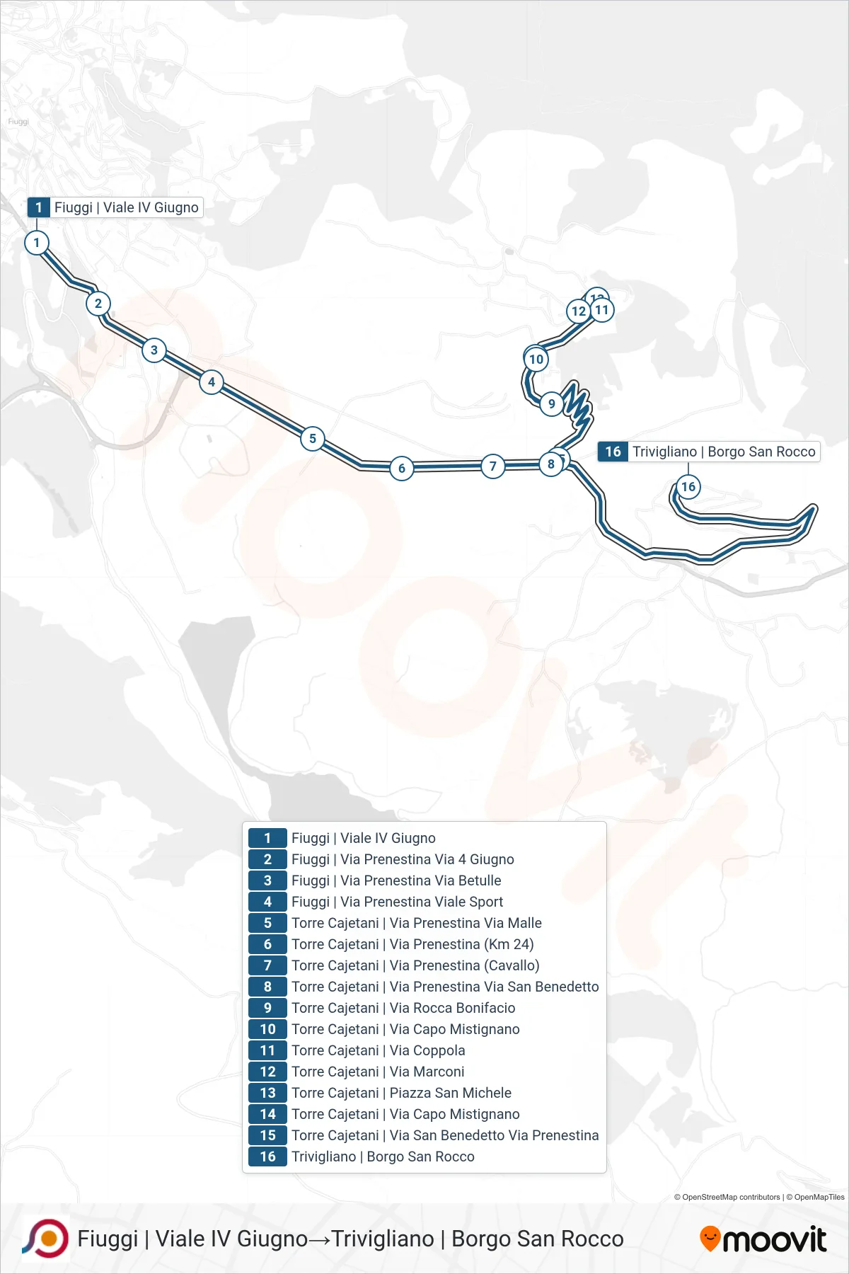 Linea COTRAL bus (Fiuggi | Viale IV Giugno→Trivigliano | Borgo San Rocco) - Percorsi e fermate sulla mappa