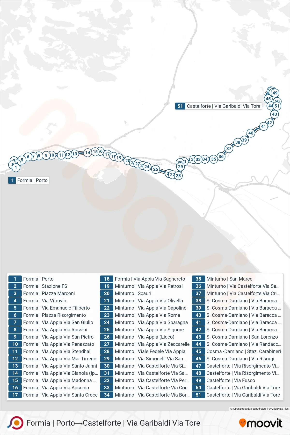 Linea COTRAL bus (Formia | Porto→Castelforte | Via Garibaldi Via Tore) - Percorsi e fermate sulla mappa