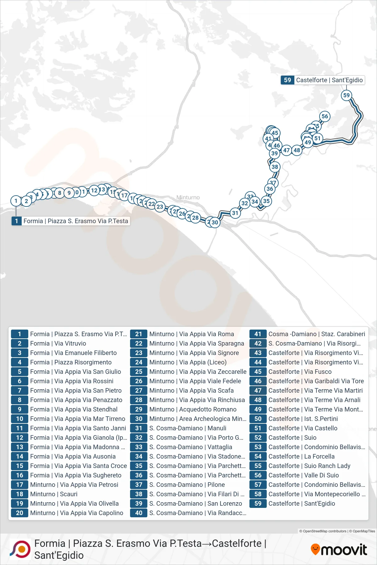 Linea COTRAL bus (Formia | Piazza S. Erasmo Via P.Testa→Castelforte | Sant'Egidio) - Percorsi e fermate sulla mappa