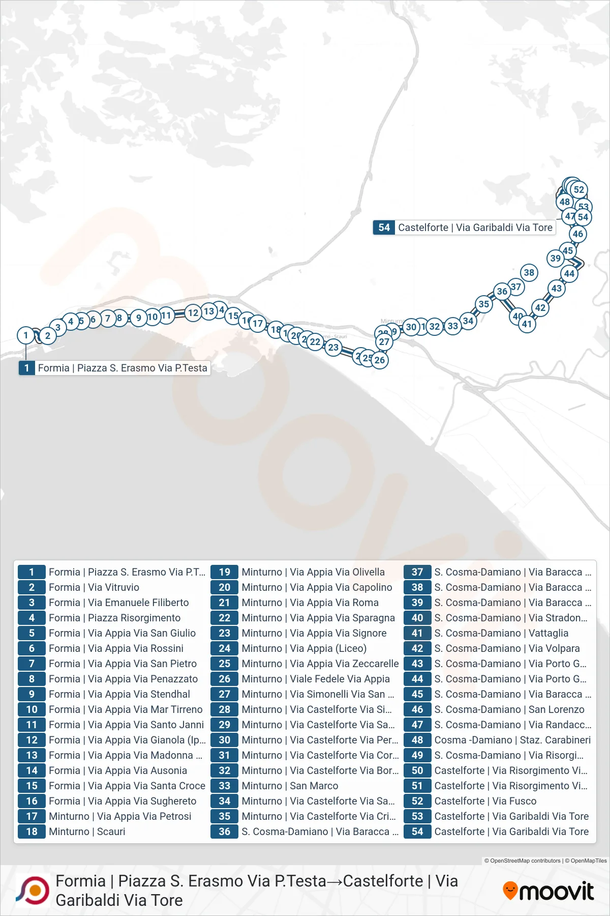 Linea COTRAL bus (Formia | Piazza S. Erasmo Via P.Testa→Castelforte | Via Garibaldi Via Tore) - Percorsi e fermate sulla mappa