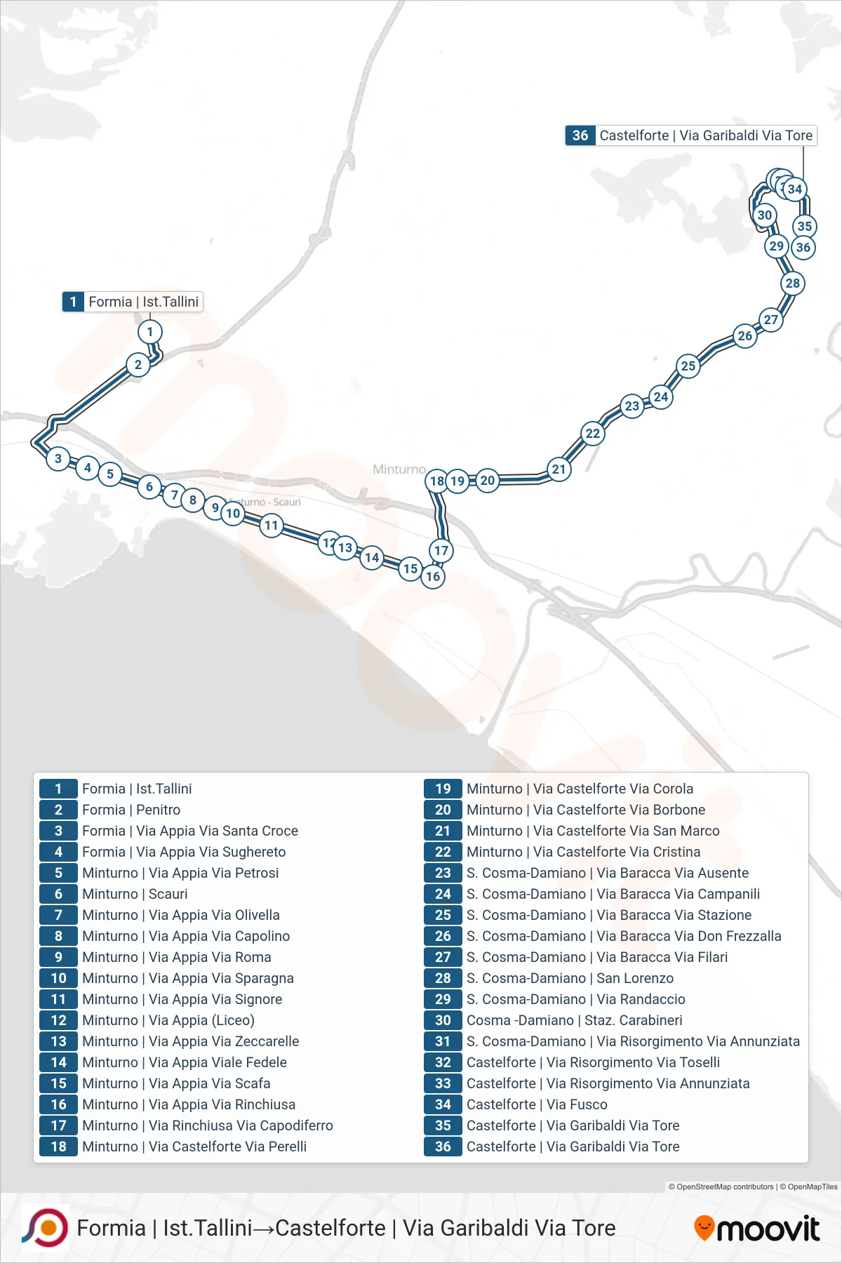 COTRAL bus Line (Formia via Tallini Institute→Castelforte | Via Garibaldi Via Tore) route and stops on a map