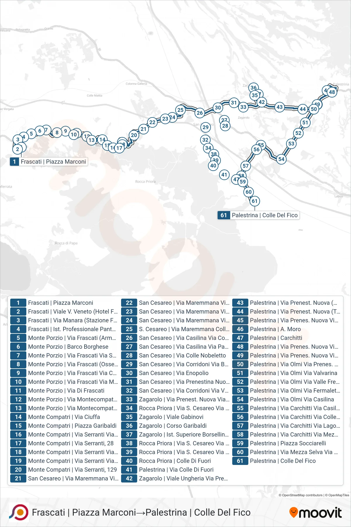 Linea COTRAL  bus (Frascati | Piazza Marconi‎→Palestrina | Colle Del Fico) - Percorsi e fermate sulla mappa