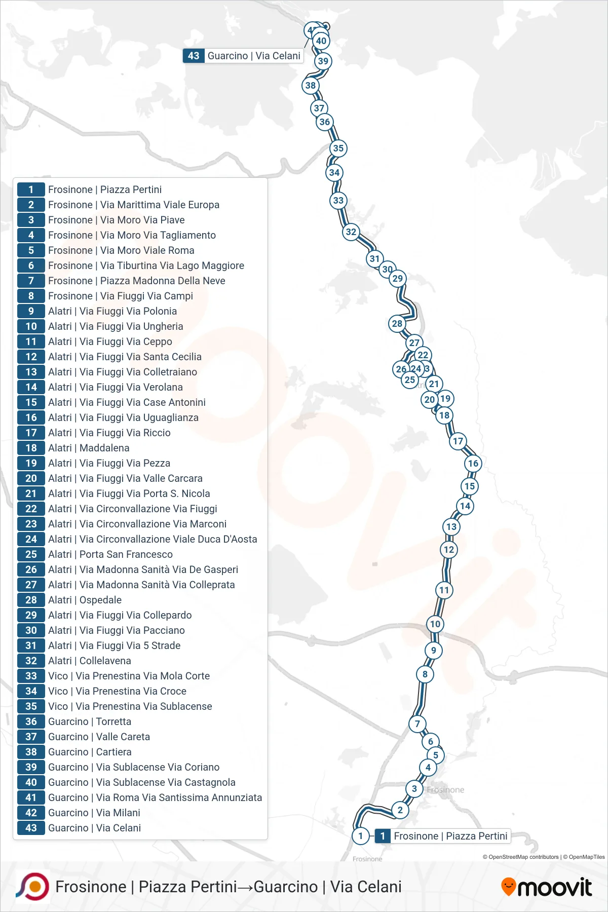 Linea COTRAL bus (Frosinone | Piazza Pertini→Guarcino | Via Celani) - Percorsi e fermate sulla mappa