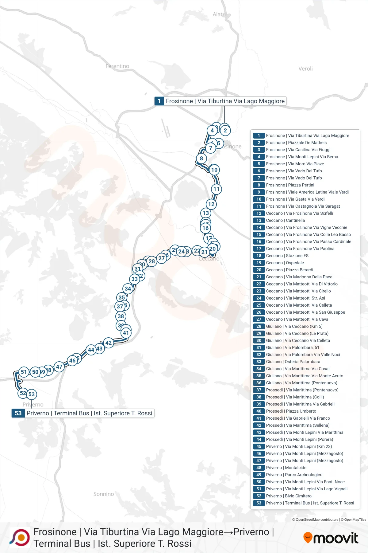 Linea COTRAL bus (Frosinone | Via Tiburtina Via Lago Maggiore→Priverno | Terminal Bus | Ist. Superiore T. Rossi) - Percorsi e fermate sulla mappa