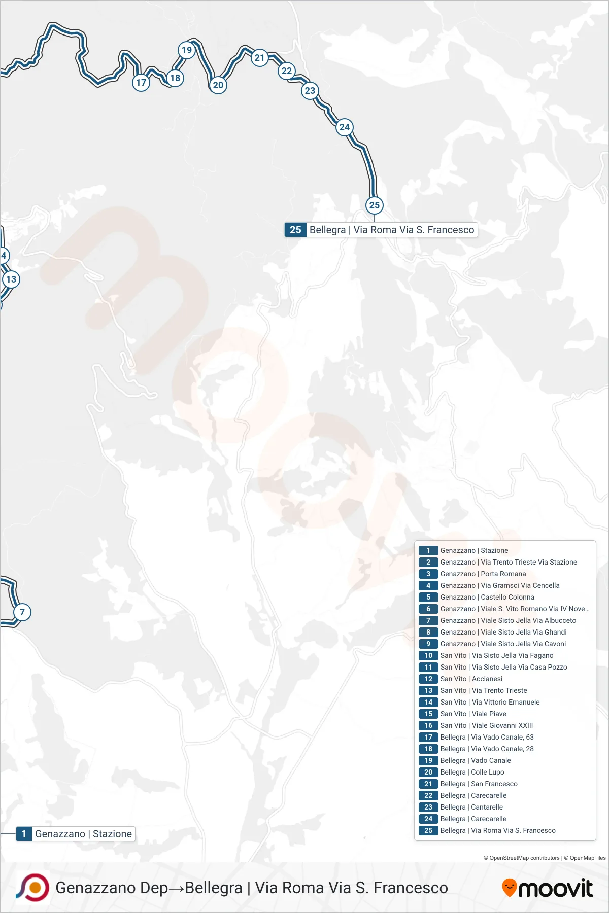 Linea COTRAL bus (Genazzano Dep→Bellegra | Via Roma Via S. Francesco) - Percorsi e fermate sulla mappa