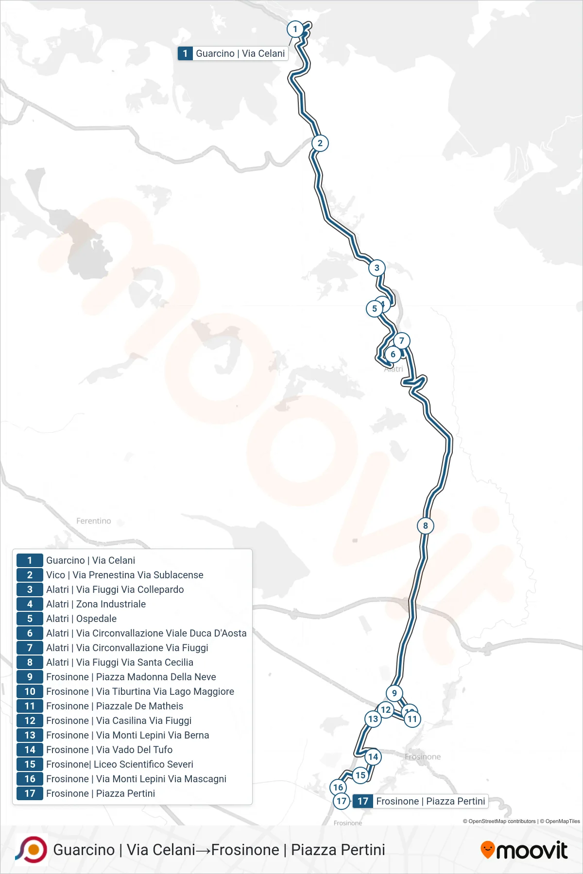 Linea COTRAL  bus (Guarcino | Via Celani‎→Frosinone | Piazza Pertini) - Percorsi e fermate sulla mappa