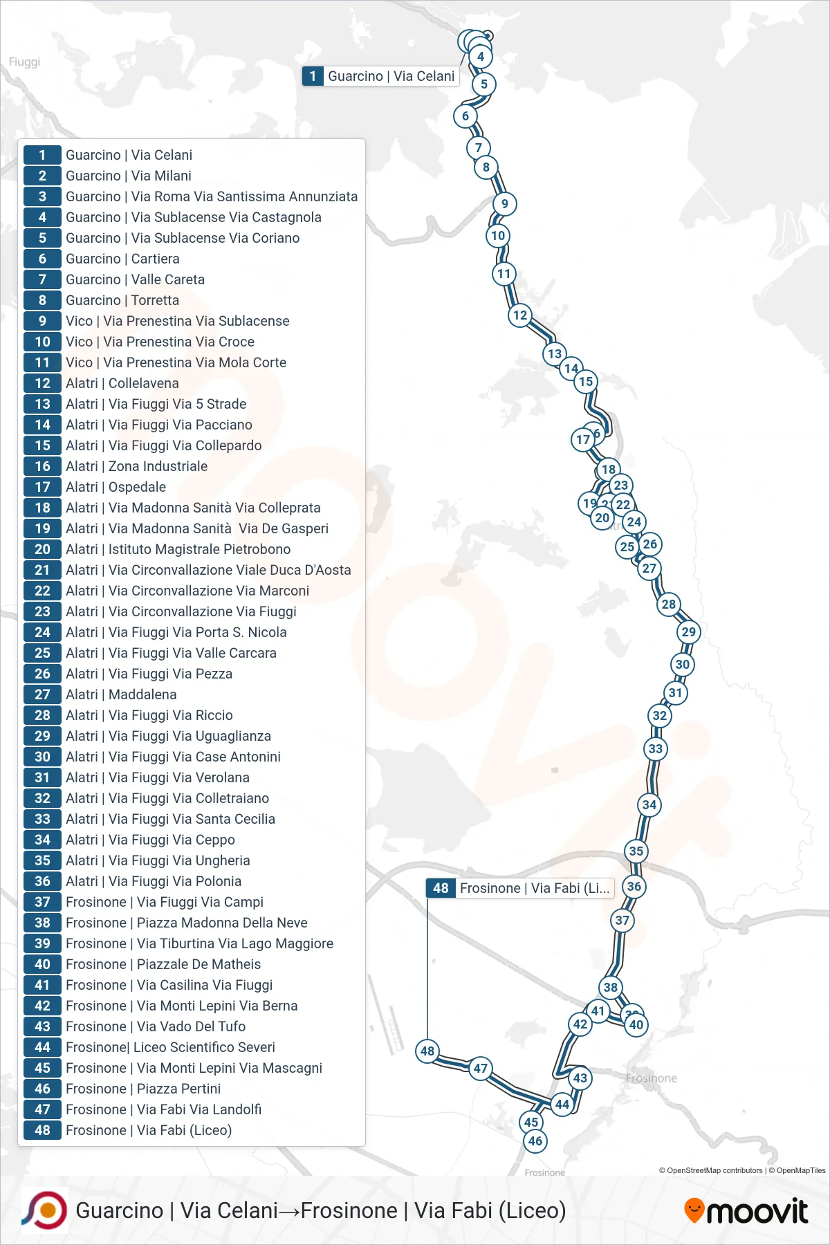 Linea COTRAL bus (Guarcino | Via Celani→Frosinone | Via Fabi (Liceo)) - Percorsi e fermate sulla mappa