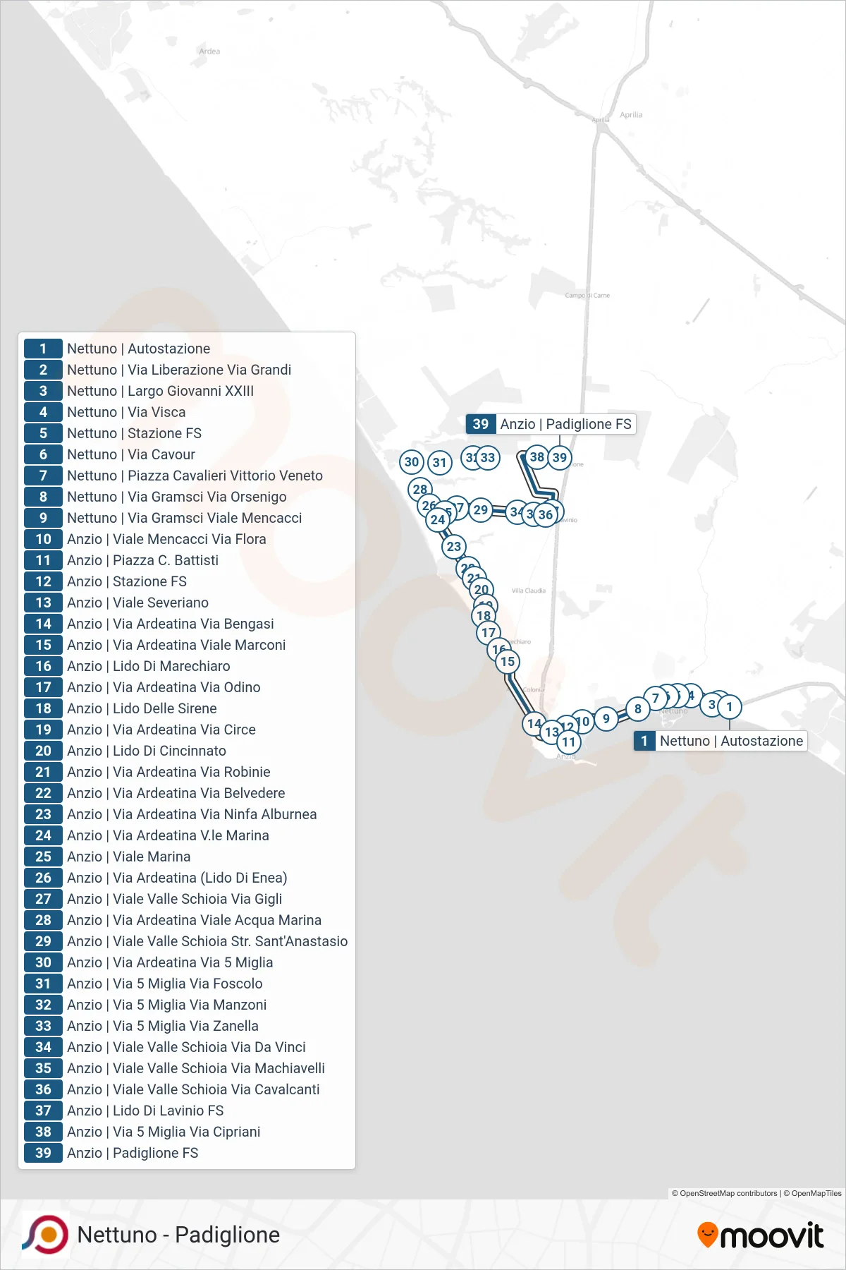 Linea COTRAL bus (Nettuno | Autostazione→Anzio | Padiglione FS) - Percorsi e fermate sulla mappa