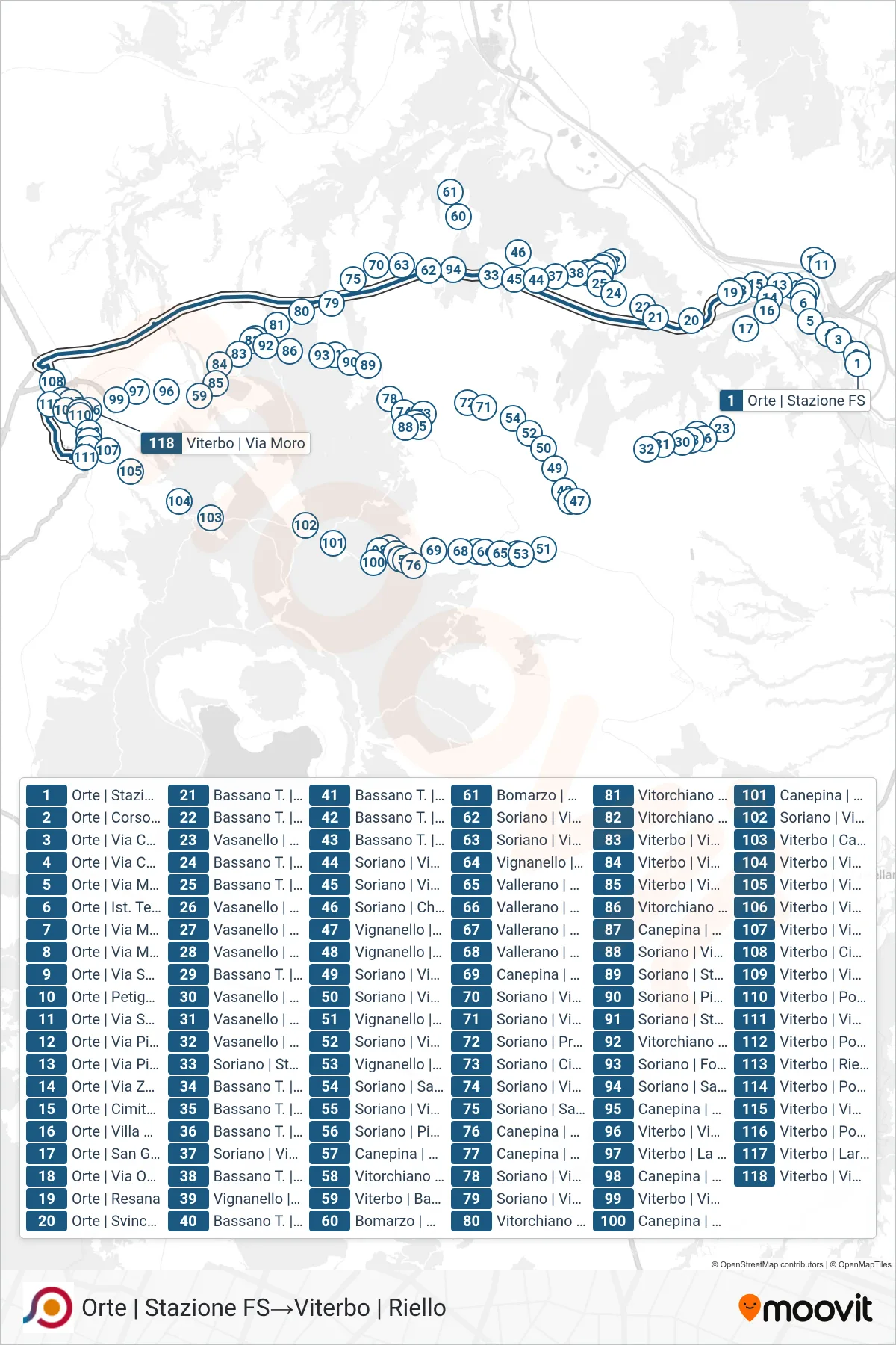 Linea COTRAL bus (Orte | Stazione FS→Viterbo | Riello) - Percorsi e fermate sulla mappa