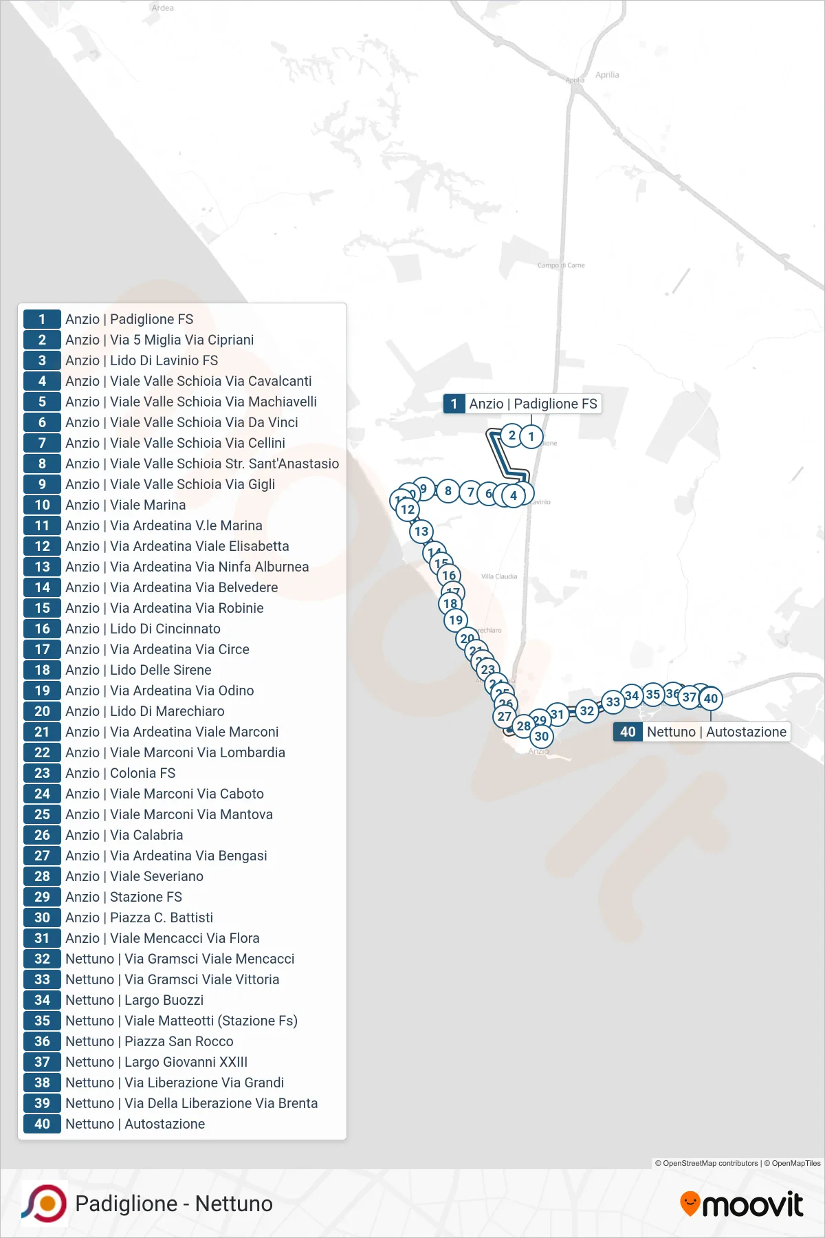 Linea COTRAL bus (Anzio | Padiglione FS→Nettuno | Autostazione) - Percorsi e fermate sulla mappa