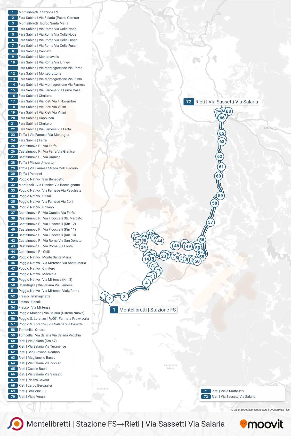 Linea COTRAL bus (Montelibretti | Stazione FS→Rieti | Via Sassetti Via Salaria) - Percorsi e fermate sulla mappa