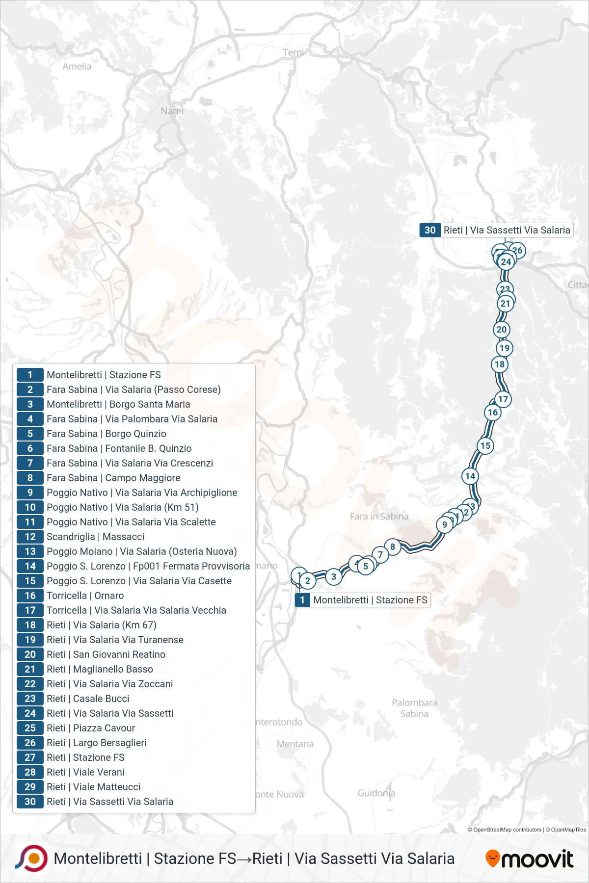 Linea COTRAL bus (Montelibretti | Stazione FS→Rieti | Via Sassetti Via Salaria) - Percorsi e fermate sulla mappa