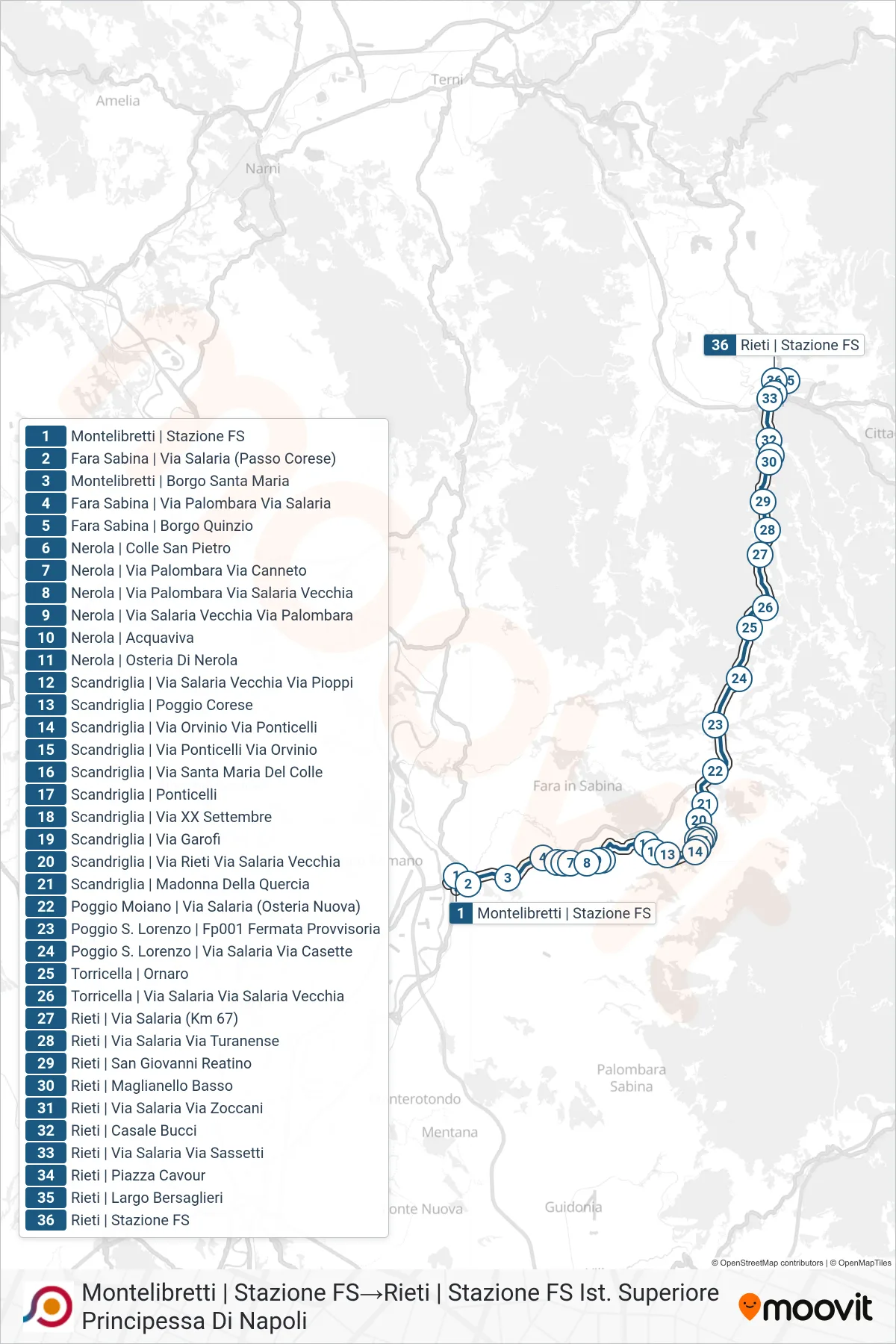 Linea COTRAL bus (Montelibretti | Stazione FS→Rieti | Stazione FS Ist. Superiore Principessa Di Napoli) - Percorsi e fermate sulla mappa