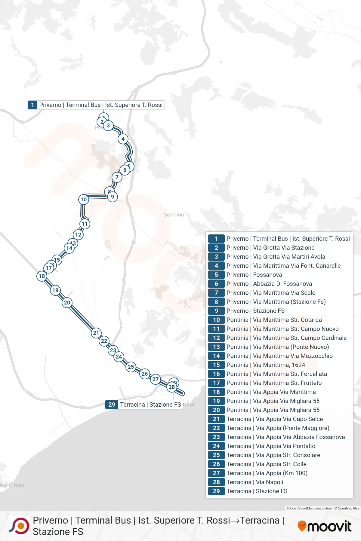 Linea COTRAL bus (Priverno | Terminal Bus | Ist. Superiore T. Rossi→Terracina | Stazione FS) - Percorsi e fermate sulla mappa