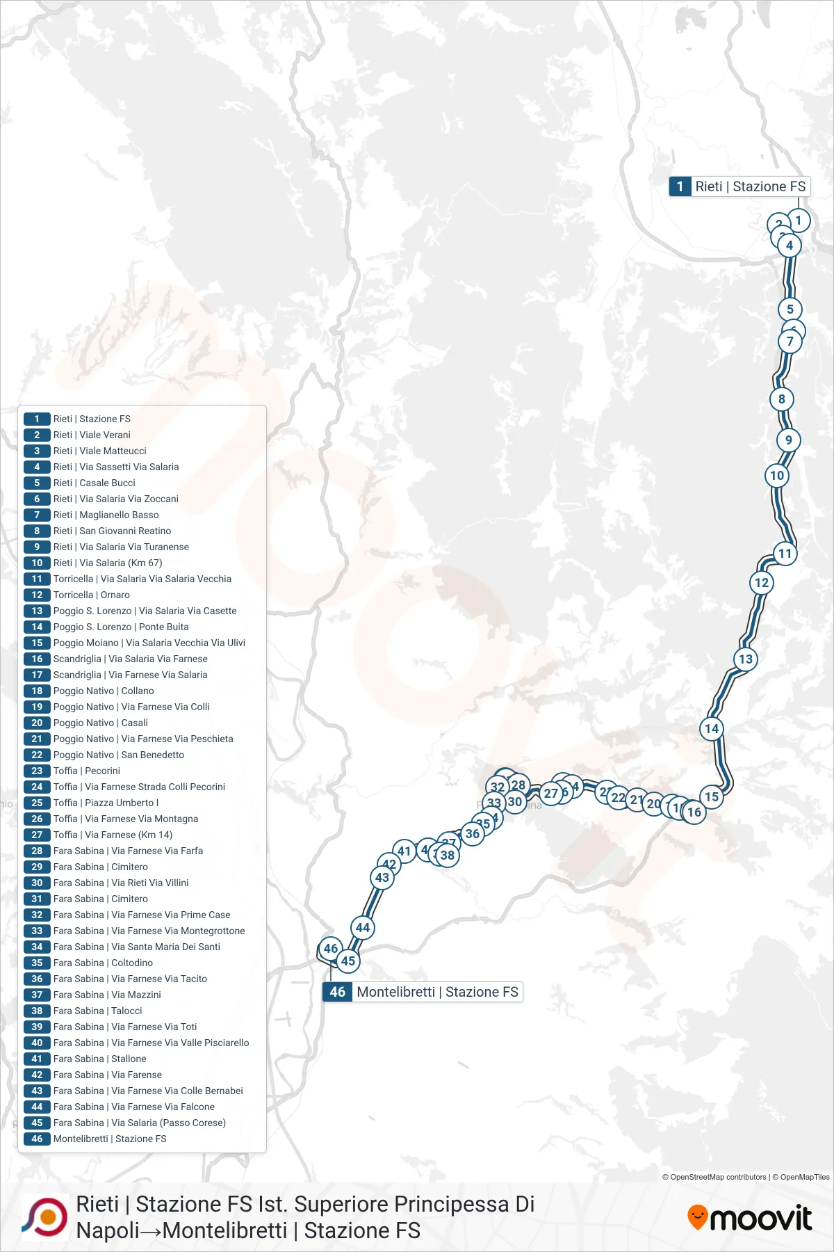 Linea COTRAL bus (Rieti | Stazione FS Ist. Superiore Principessa Di Napoli→Montelibretti | Stazione FS) - Percorsi e fermate sulla mappa