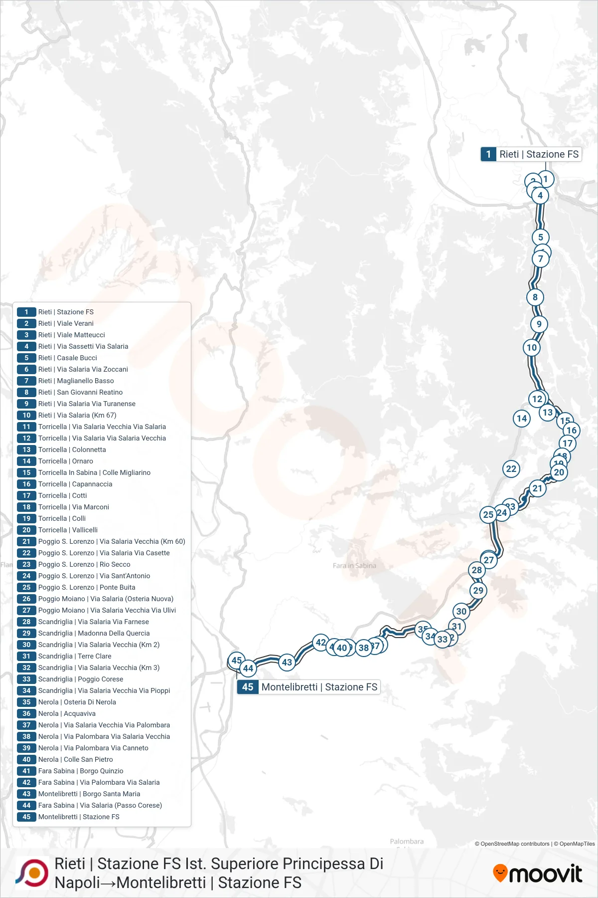 Linea COTRAL bus (Rieti | Stazione FS Ist. Superiore Principessa Di Napoli→Montelibretti | Stazione FS) - Percorsi e fermate sulla mappa