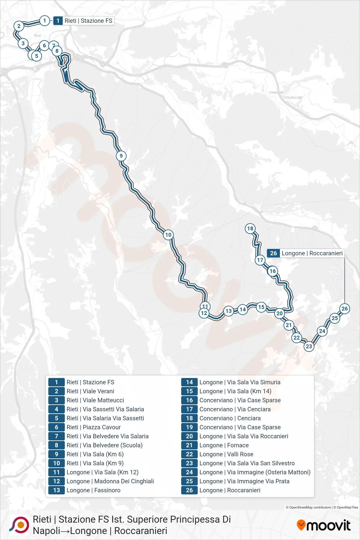 Linea COTRAL bus (Rieti | Stazione FS Ist. Superiore Principessa Di Napoli→Longone | Roccaranieri) - Percorsi e fermate sulla mappa