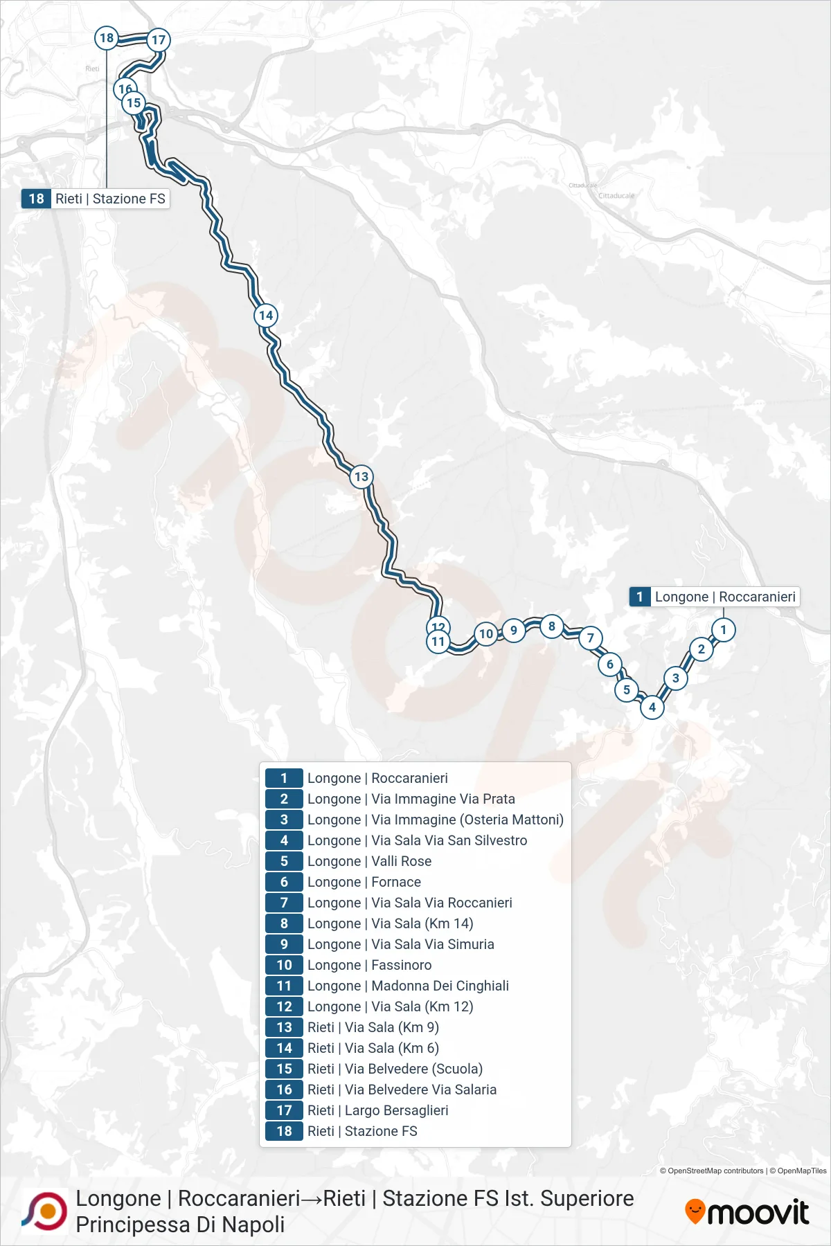 Linea COTRAL bus (Longone | Roccaranieri→Rieti | Stazione FS Ist. Superiore Principessa Di Napoli) - Percorsi e fermate sulla mappa