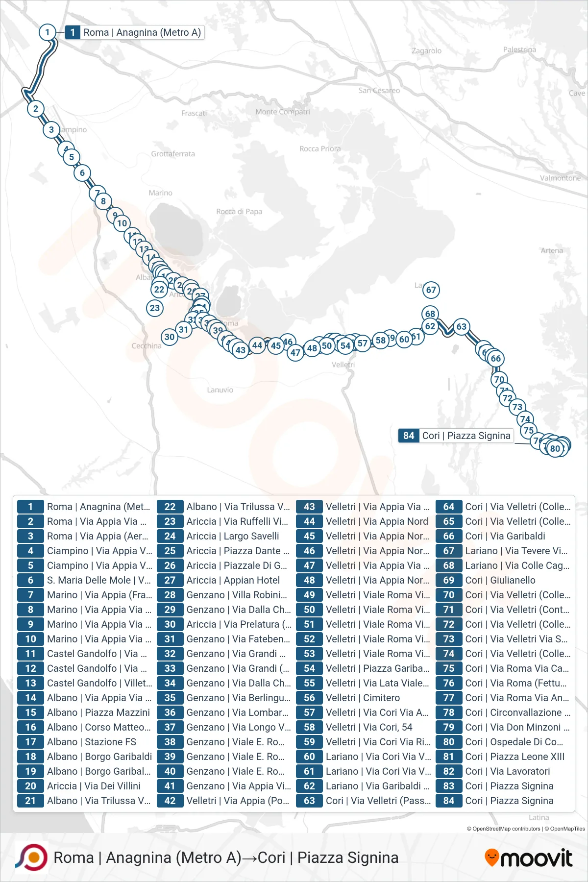 Linea COTRAL bus (Roma | Anagnina (Metro A)→Cori | Piazza Signina) - Percorsi e fermate sulla mappa
