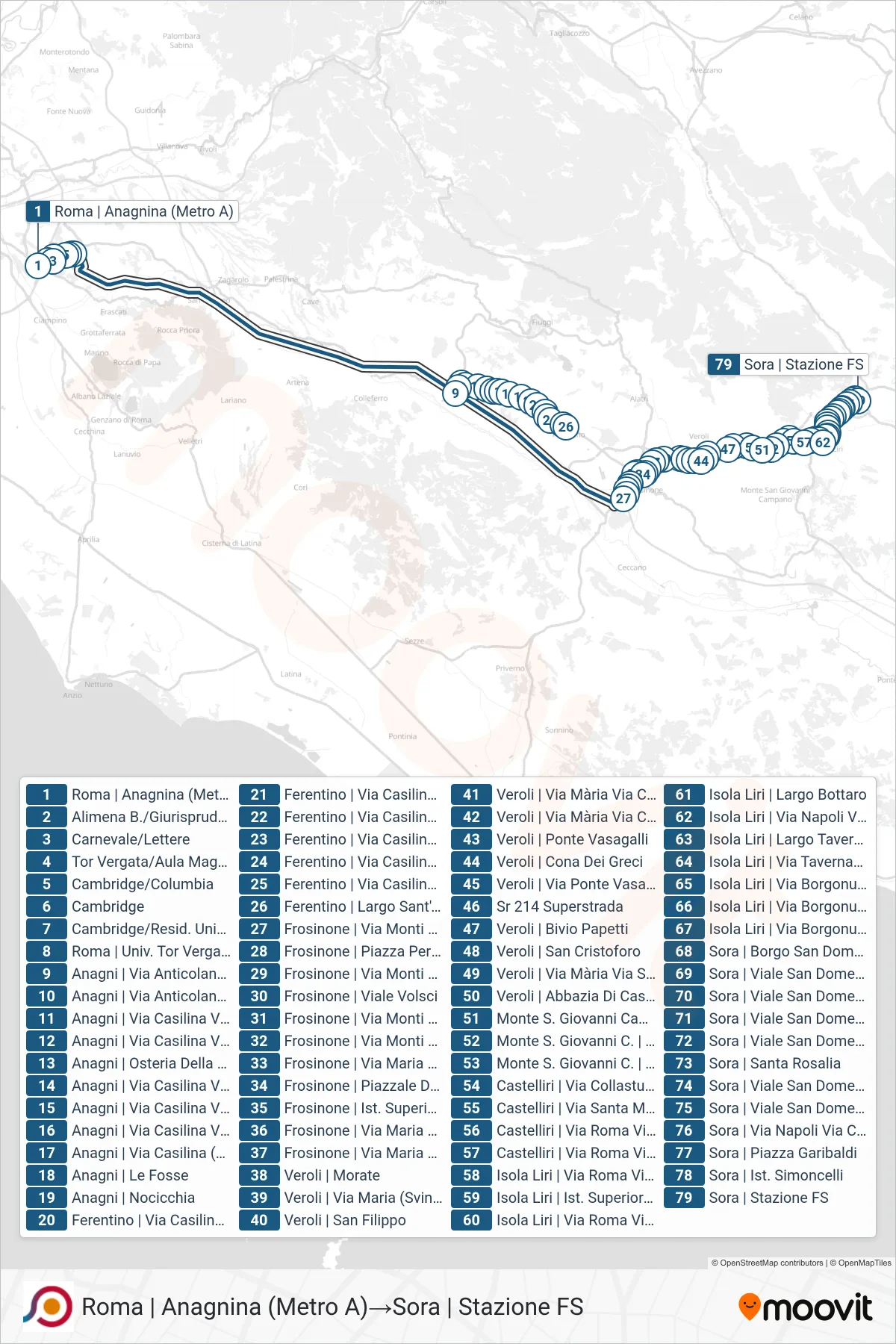 Linea COTRAL  bus (Roma | Anagnina (Metro A)‎→Sora | Stazione FS) - Percorsi e fermate sulla mappa