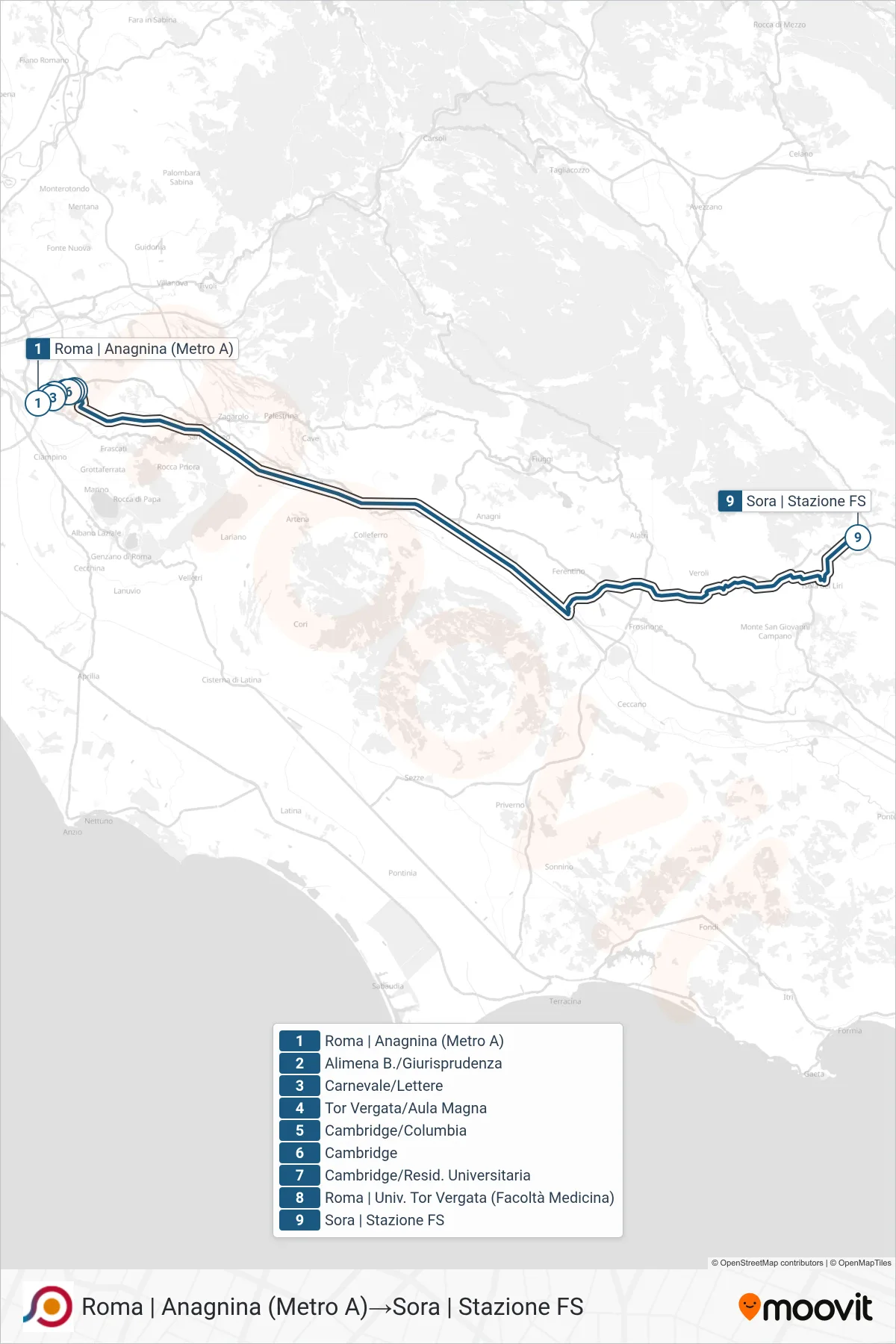 Linea COTRAL bus (Roma | Anagnina (Metro A)→Sora | Stazione FS) - Percorsi e fermate sulla mappa