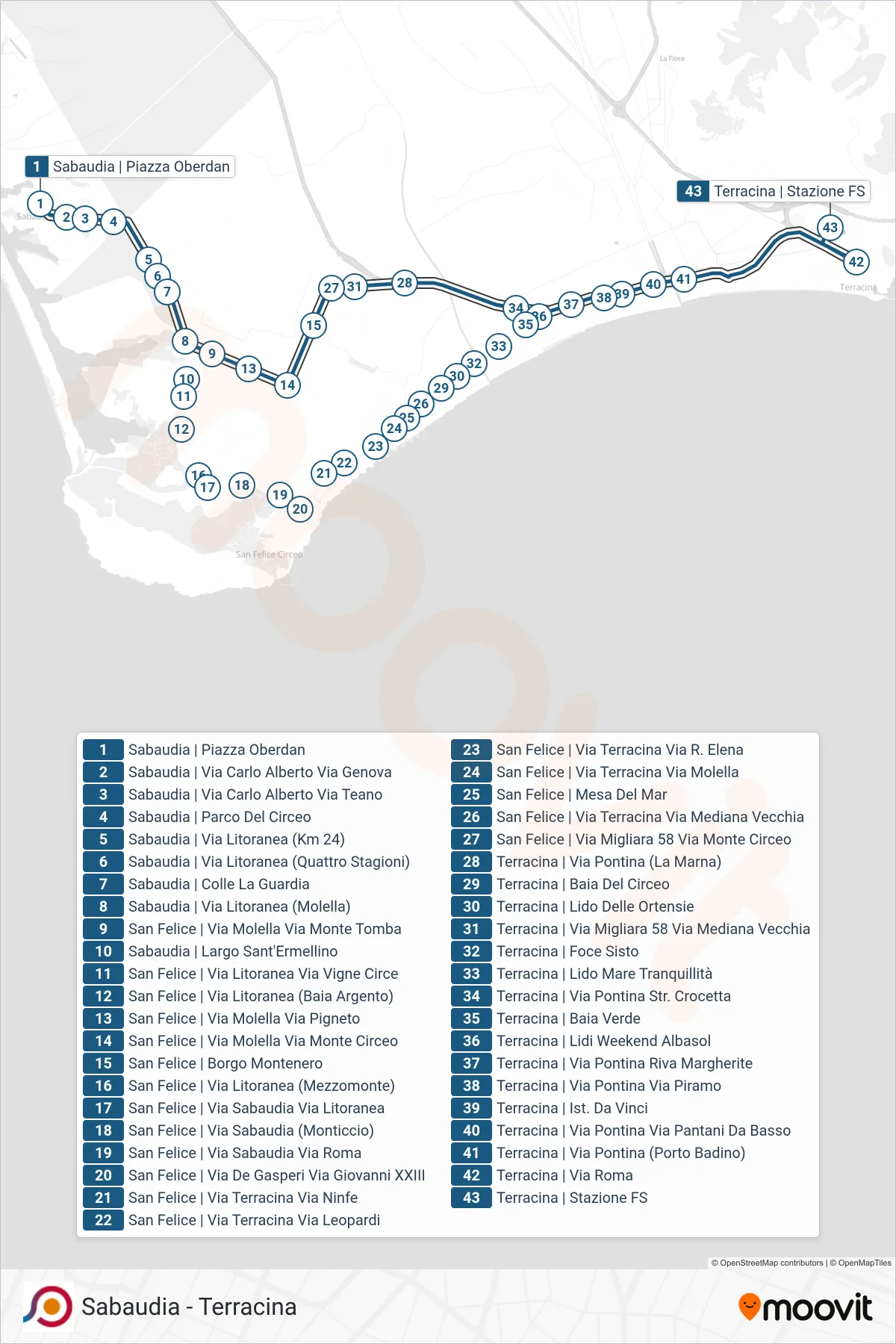 Linea COTRAL bus (Sabaudia | Piazza Oberdan→Terracina | Stazione FS) - Percorsi e fermate sulla mappa